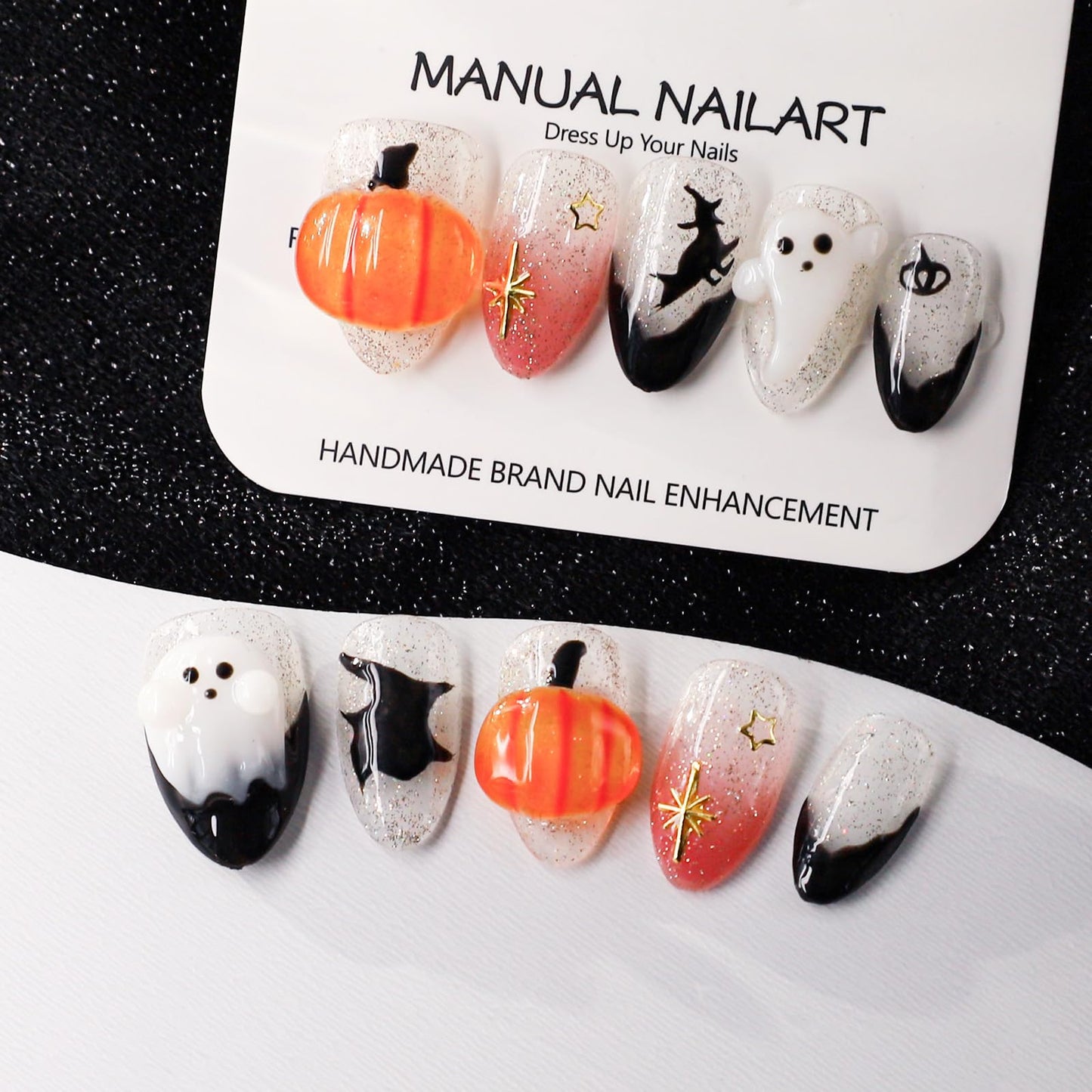 Halloween Press on Nails Handmade 3D Cute Little Ghost & Pumpkin Fake Nails Design Muti-Layer Gel Acrylic Nail Glitter Stick on Nails Full Cover Short Almond Black French False Nail for Women (Size M)