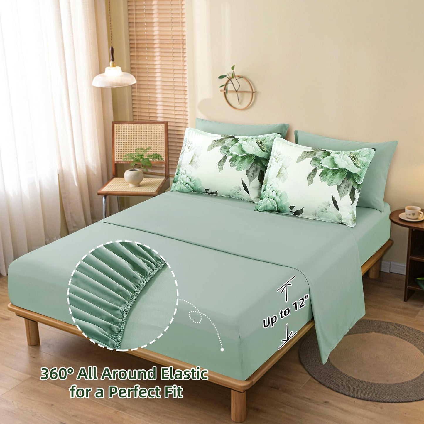 Dobuyly Green Queen Comforter Set 7 Piece Bed in a Bag Queen, Sage Green Floral Printed Comforter Set with Sheets, Soft Microfiber Botanical Flower Complete Bedding Set for All Season