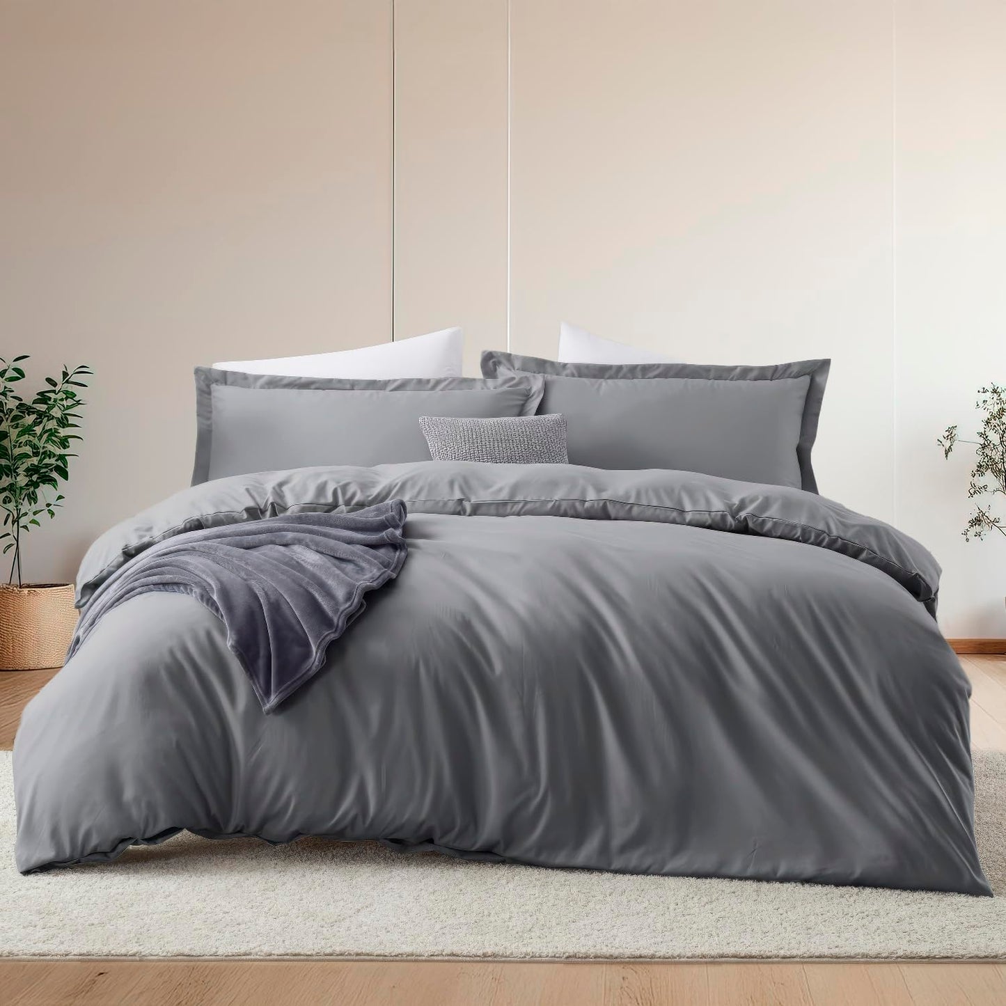Hearth & Harbor Queen Size Duvet Cover & Bed Sheet Set Grey, 7 Piece Soft Double Brushed Bedding Set, Includes Duvet Cover, Flat Sheet, Fitted Sheet, Pillowcases and Pillow Shams