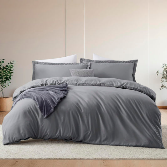 Hearth & Harbor Queen Size Duvet Cover & Bed Sheet Set Grey, 7 Piece Soft Double Brushed Bedding Set, Includes Duvet Cover, Flat Sheet, Fitted Sheet, Pillowcases and Pillow Shams