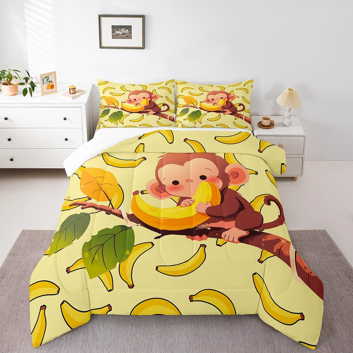 Feelyou Kids Monkey Comforter Cute Cartoon Zoo Animal Comforter Set Lovely Little Monkey Bedding Set for Boys Girls Children Bedroom Decor Nature Banana Duvet Set King Size with 2 Pillow Case