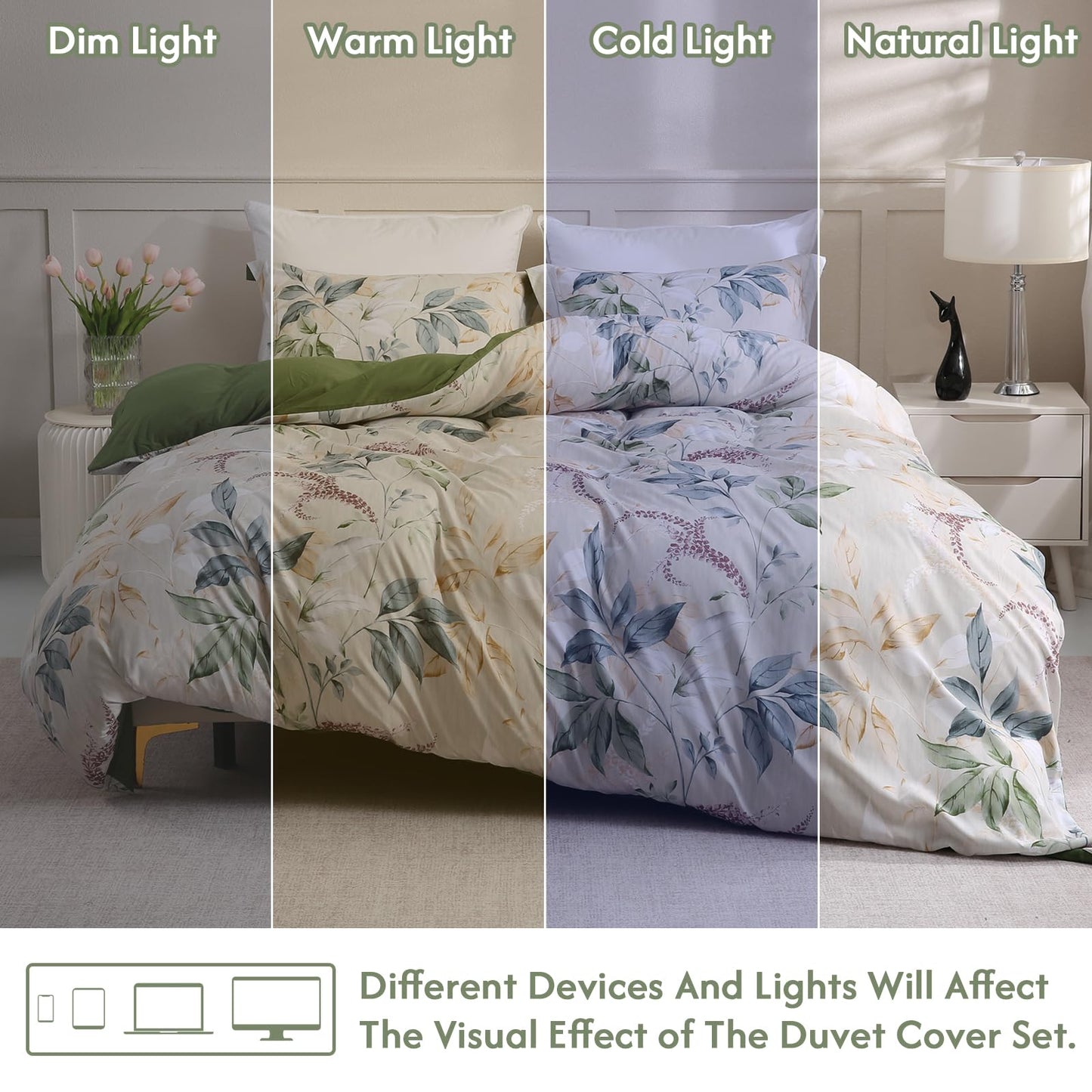 LONAVA Queen Botaincal 3 Pcs Duvet Cover Set, Breathable Soft Microfiber Forest Green Lining Comforter Cover with Zipper Closure, and 2 Anti-Pilling, Fade Resistant Pillowcases, Lavender