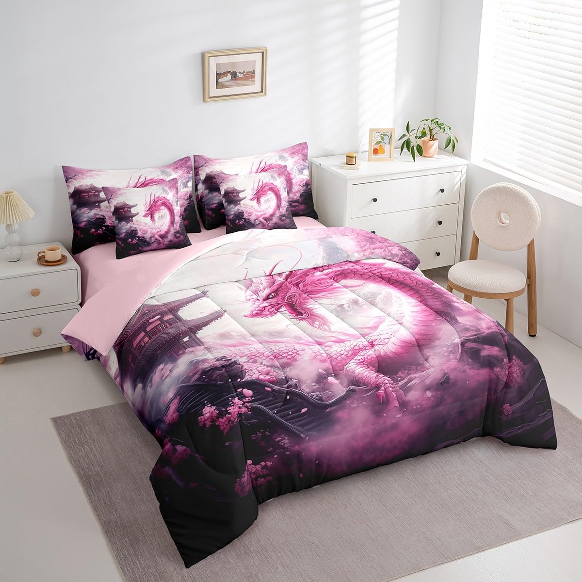 7 Pieces Pink Dragon Comforter Set Queen,Japanese Style Building Bed Set for Kids Boys Girls,Cherry Blossom Bedding(1 Comforter,1 Fitted Sheet,1 Flat Sheet,2 Pillowcases,2 Throw Pillow Cover)