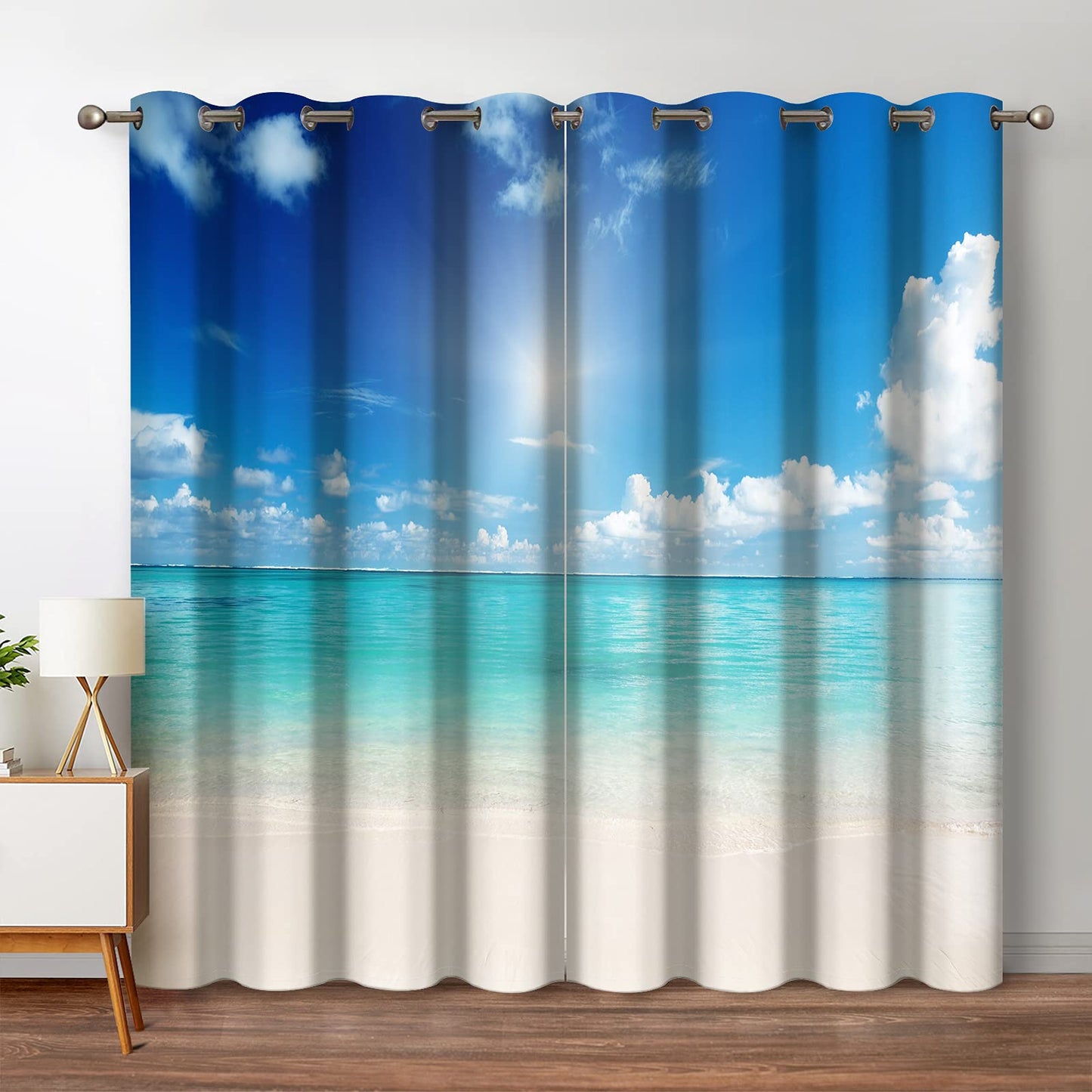 Jekeno Ocean Beach Blackout Curtains Tropical Blue Sky Cloud Sunshine Seascape Ocean Decor for Bedroom Living Room Grommet Window Drapes 2 Panel Set, 52"x84"