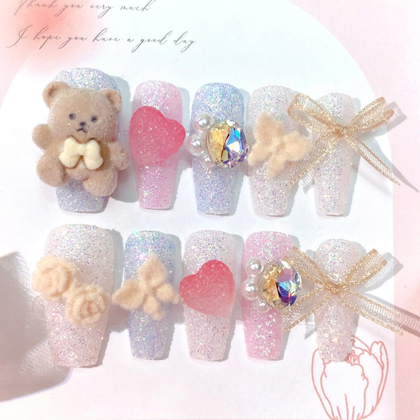 SINHOT Luxury Press on Nails - Long Coffin Fake Nails 3D Handmade Cute&Candy Reusable False Nails with Rhinestone Designs,DIY Artificial Nail Art, 24pcs