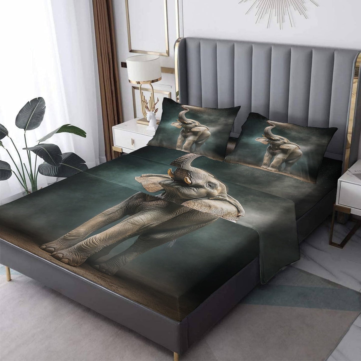 NOGAWA Elephant Sheets Queen Size, Wild Animal Bed Sheets, Patterned Bedding Sheets & Pillowcases 4 Piece Set - Soft Microfiber Deep Pocket Fitted Sheet & Flat Sheet & 2 Pillow Cases