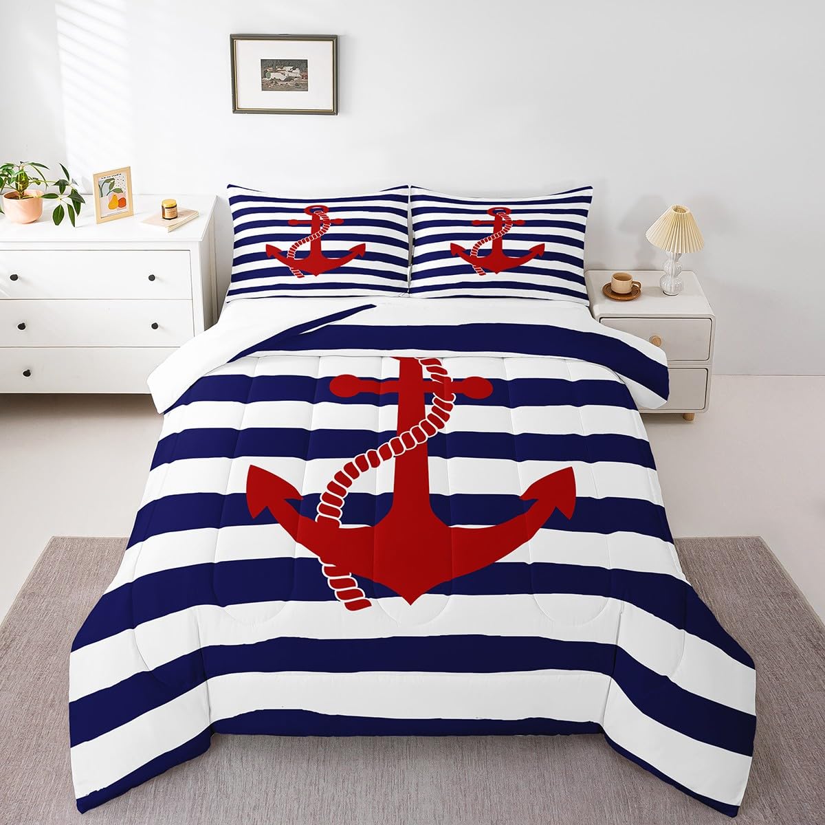 Geometric Stripes Comforter Set Twin Size,Nautical Anchor Bedding Sets 2Pcs Kids Boys Bedroom Decor 1 Pillowcase Ocean Adventure Theme Quilted Duvet Modern Navy Blue Red Bedspread Comforter
