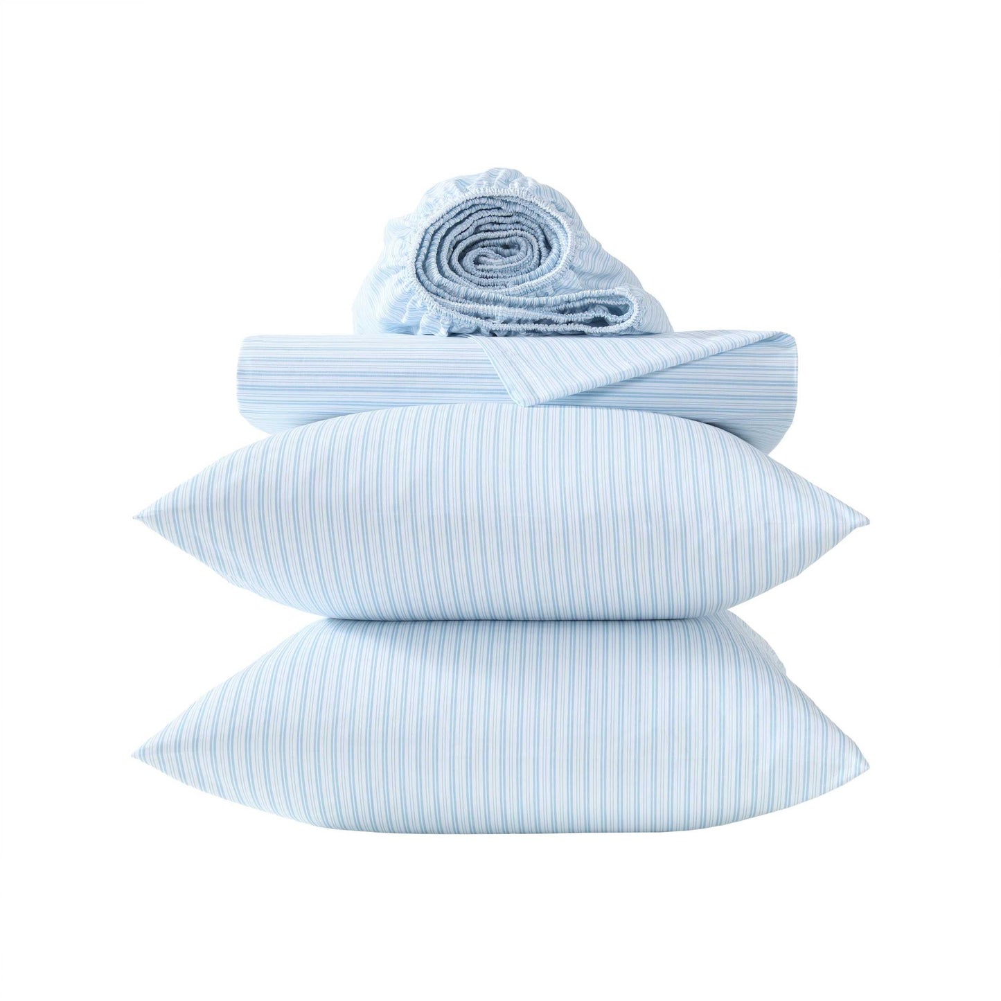Laura Ashley - King Sheet Set, Crisp & Cool Cotton Percale Bed Sheets, Deep Pockets, Striped Bedding with Matching Fitted Sheet & Pillowcases (Bedford Skinny Stripe Blue)