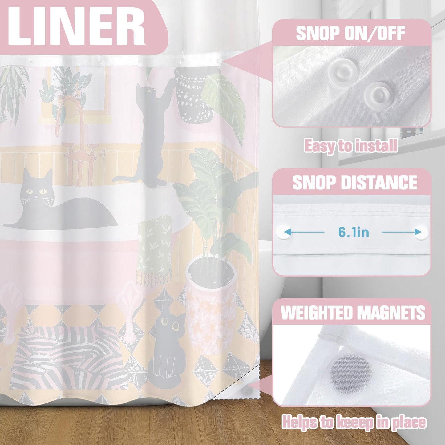 Fowocu No Hook Shower Curtain with Snap in Liner Funny Cat Shower Curtains for Bathroom Boho Cute Black Cats Matisse Green Tropical Plant Pink Orange Waterproof Fabric Bath Curtain Decor 71×74In
