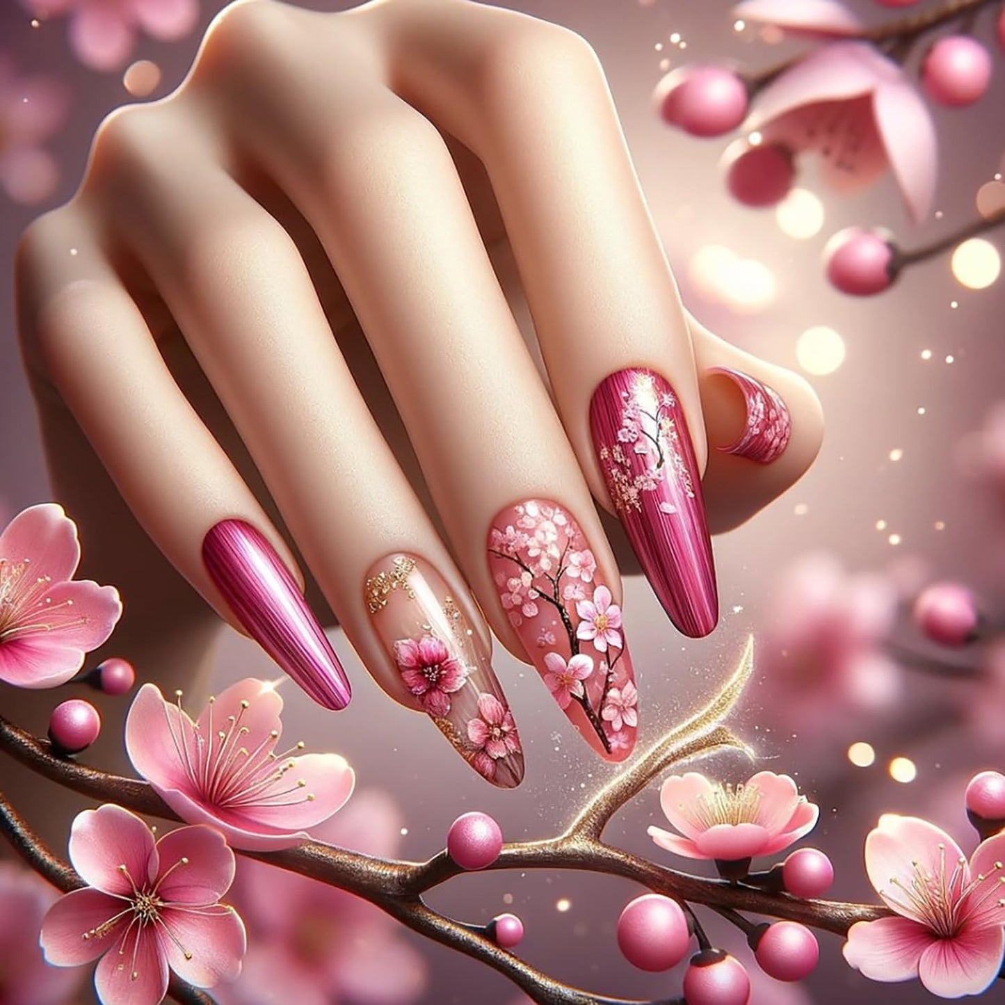 Rose Red Press on Nails Medium Length Almnd Shaped Pink Peach Blossom Pattern Design Artificial Acrylic False Nail Full Cover Glossy Floral Stick on Nail Press Ons Glue on Nails for Women 24Pcs