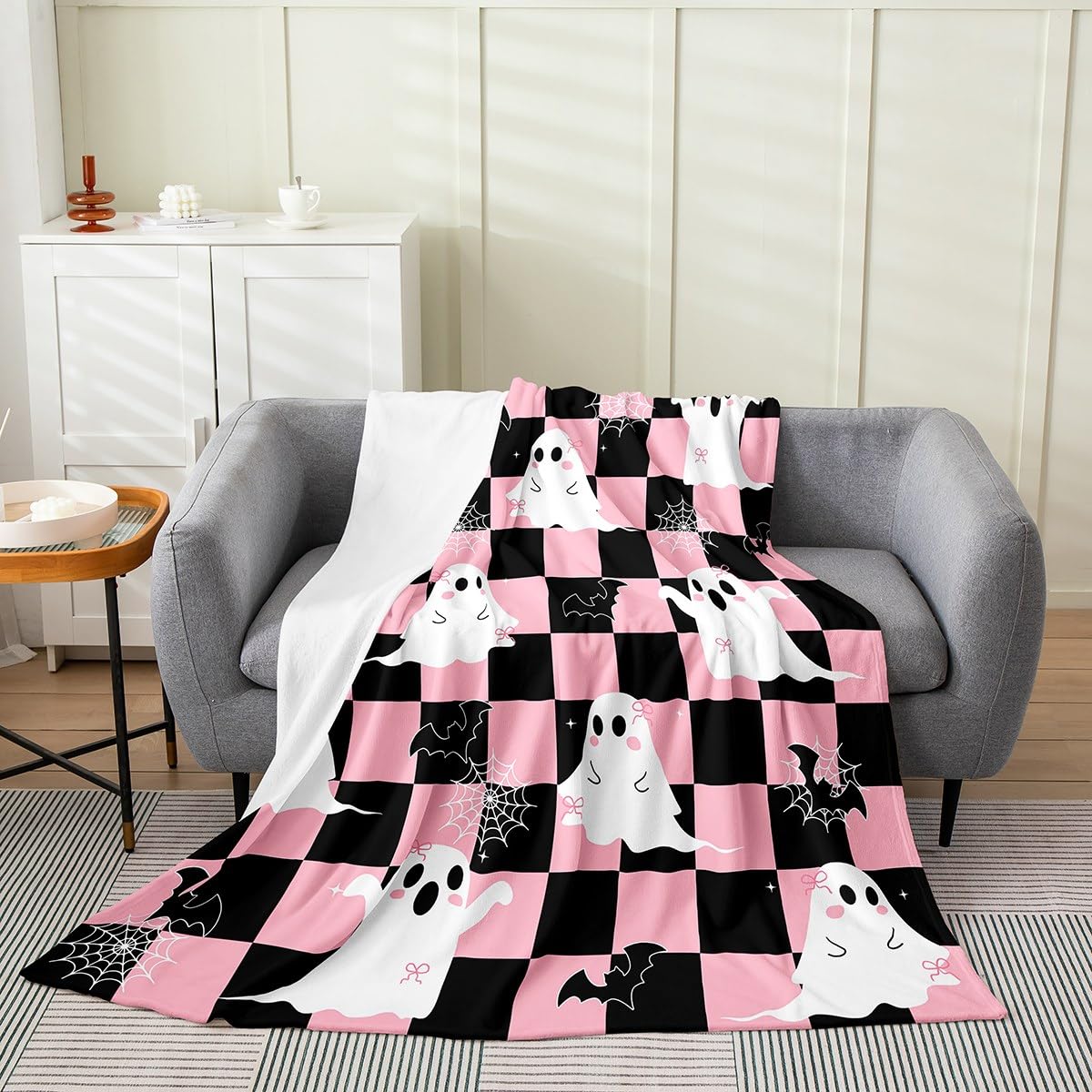 Erosebridal Black Pink Halloween Fleece Blanket Throw 50"x60" Kawaii Bowknot Ghost Flannel Blanket Gothic Spider Web Bat Fuzzy Plush Throw for Kids Boys Girls,Halloween Checkered Decor for Bed Couch