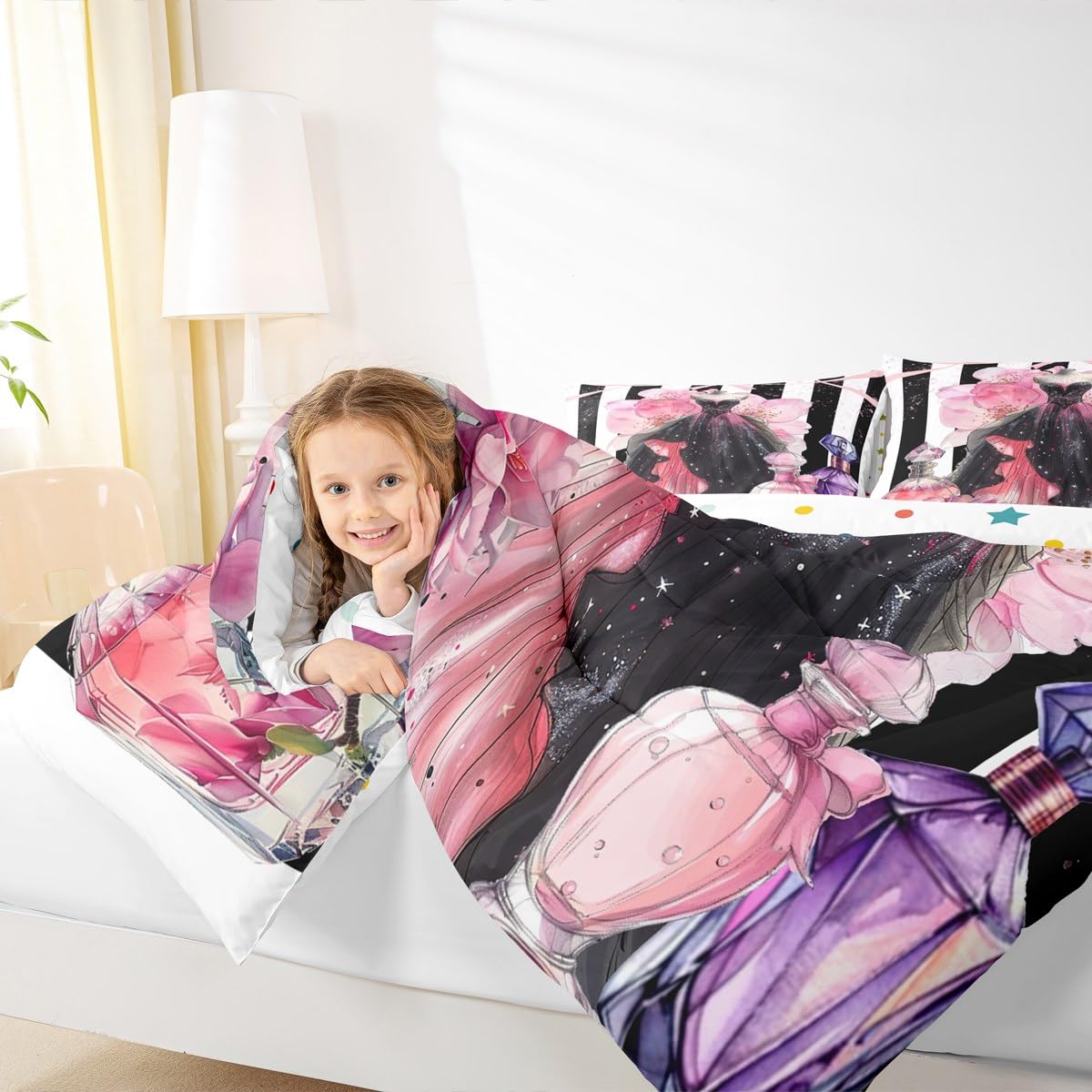Erosebridal Girly Modern Fashion King Bedding Set | Girls Women Coquette Dress Comforter Set Black and White Striped Bed Collections Cute Coquette Bow Duvet Quilt Sets