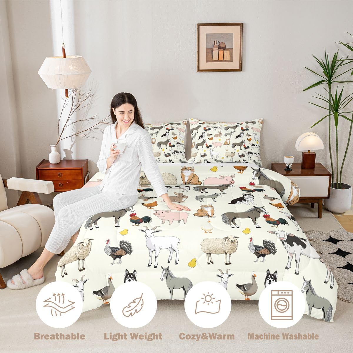 Feelyou Beige Farm Animal Comforter Set Toddler Size Cute Animal Bedding Set for Kids Boys Girls Farm Theme Duvet Quilt Cartoon Bedroom Decor 2 Pcs with 1 Pillow Cases