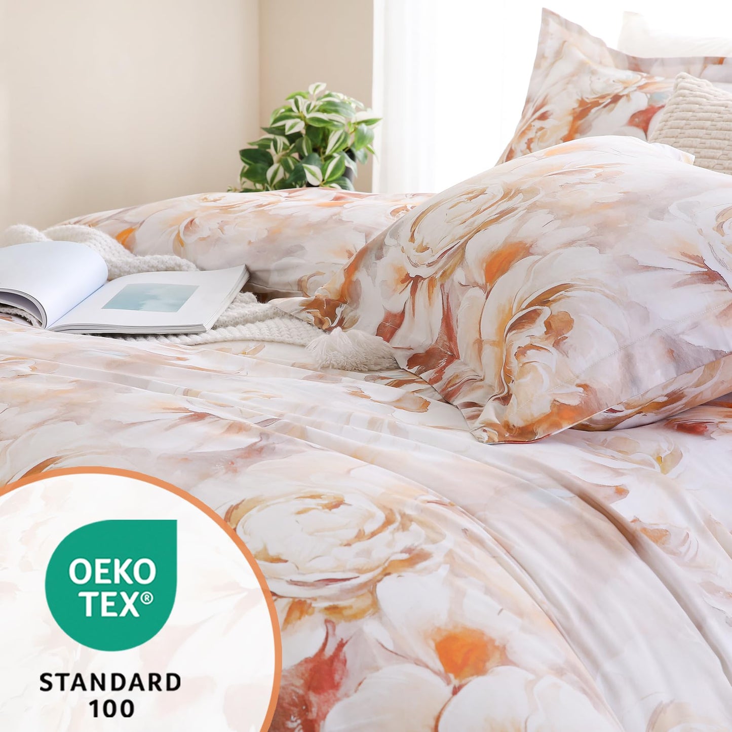 Ocharo 100% Cotton Duvet Cover King Size, Floral Reversible Duvet Cover Set with Zipper Closure, Soft 3 Pieces Bedding Set with 2 Pillow Shams(20"x36")