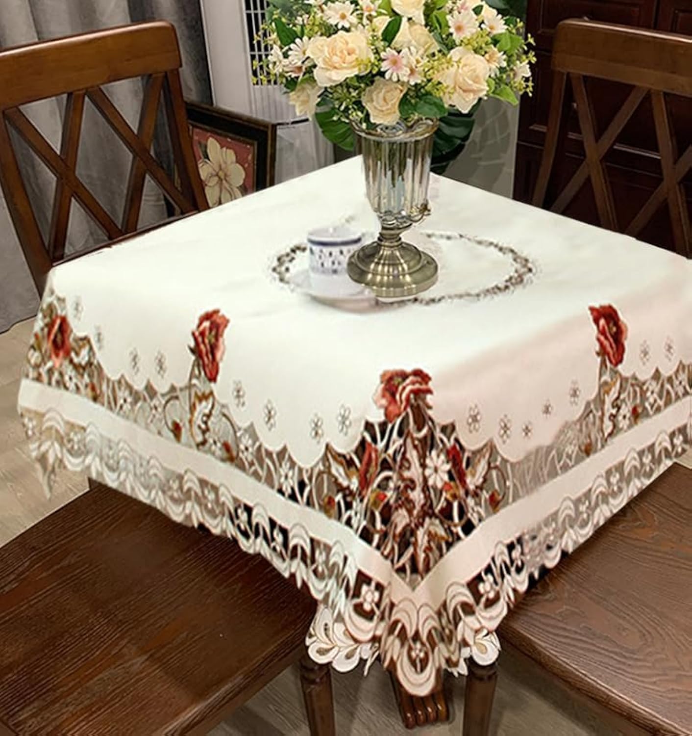MULBESS Square Tablecloth - Stain Resistant Spillproof Flower Embroidered Lace Tablecloths Washable Table Cloth for Dining Room Kitchen Home Decor (Square, 57 X 57 inch)