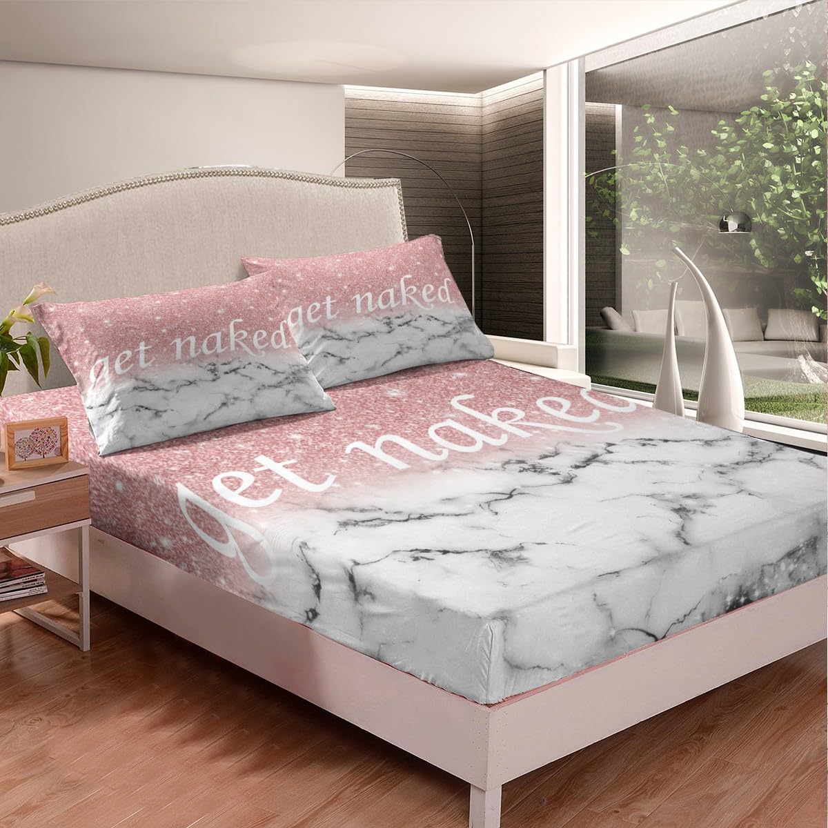Feelyou Get Naked Bed Sheet Set Full Size Marble Ombre Kids Fitted Sheet for Boys Girls Women Girly Pink Gradient Glitter Bedding Set Funny Quotes Bedding Sheets Pink Grey White Room Decor