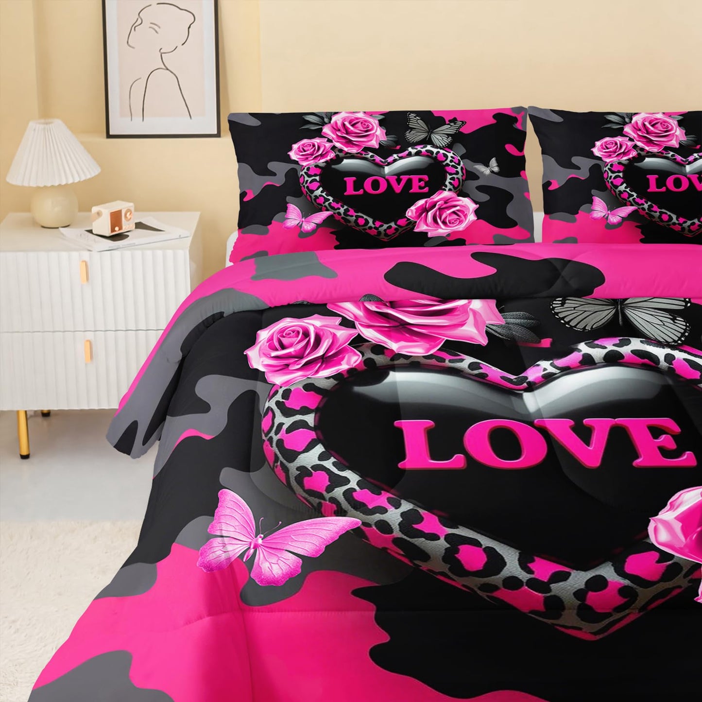 QOOMO 3Pcs Flowers Comforter Set Queen Size,Leopard Print Bedding Set for Teens Boys Girls,Pink Comforter with 2 Pillowcases,Soft and Lightweight