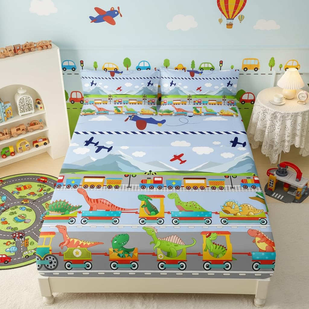 QOOMO Dinosaurs Queen Sheets Set for Boys Cute Bedding Set for Teen Kids Cartoon Dinosaurs Soft Microfiber Train Bed Sheets Kids Airplane Bed（1 Fitted Sheet, 1 Flat Sheet, 2 Pillow Cases）