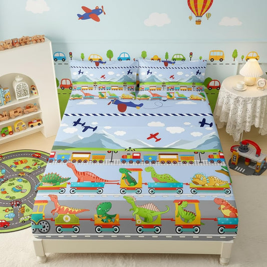 QOOMO Dinosaurs Queen Sheets Set for Boys Cute Bedding Set for Teen Kids Cartoon Dinosaurs Soft Microfiber Train Bed Sheets Kids Airplane Bed（1 Fitted Sheet, 1 Flat Sheet, 2 Pillow Cases）