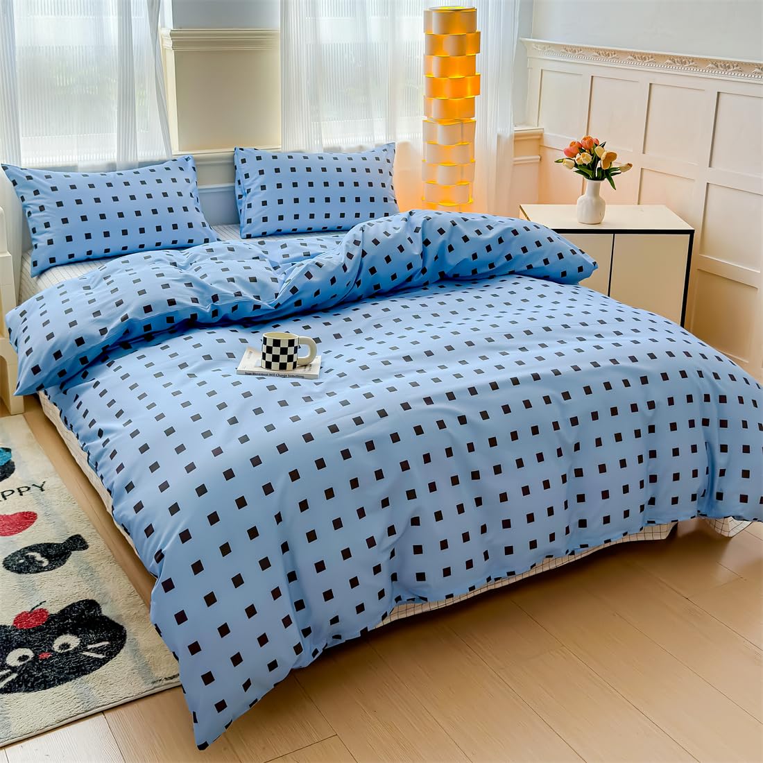 LIWHENHAO Plaid Duvet Cover Set Queen 100% Cotton Bedding Black Square Grid Checkered Dots on Blue 1 Modern Abstract Geometric Comforter Cover Full 2 Pillowcases for Kids Girls Boys Woman