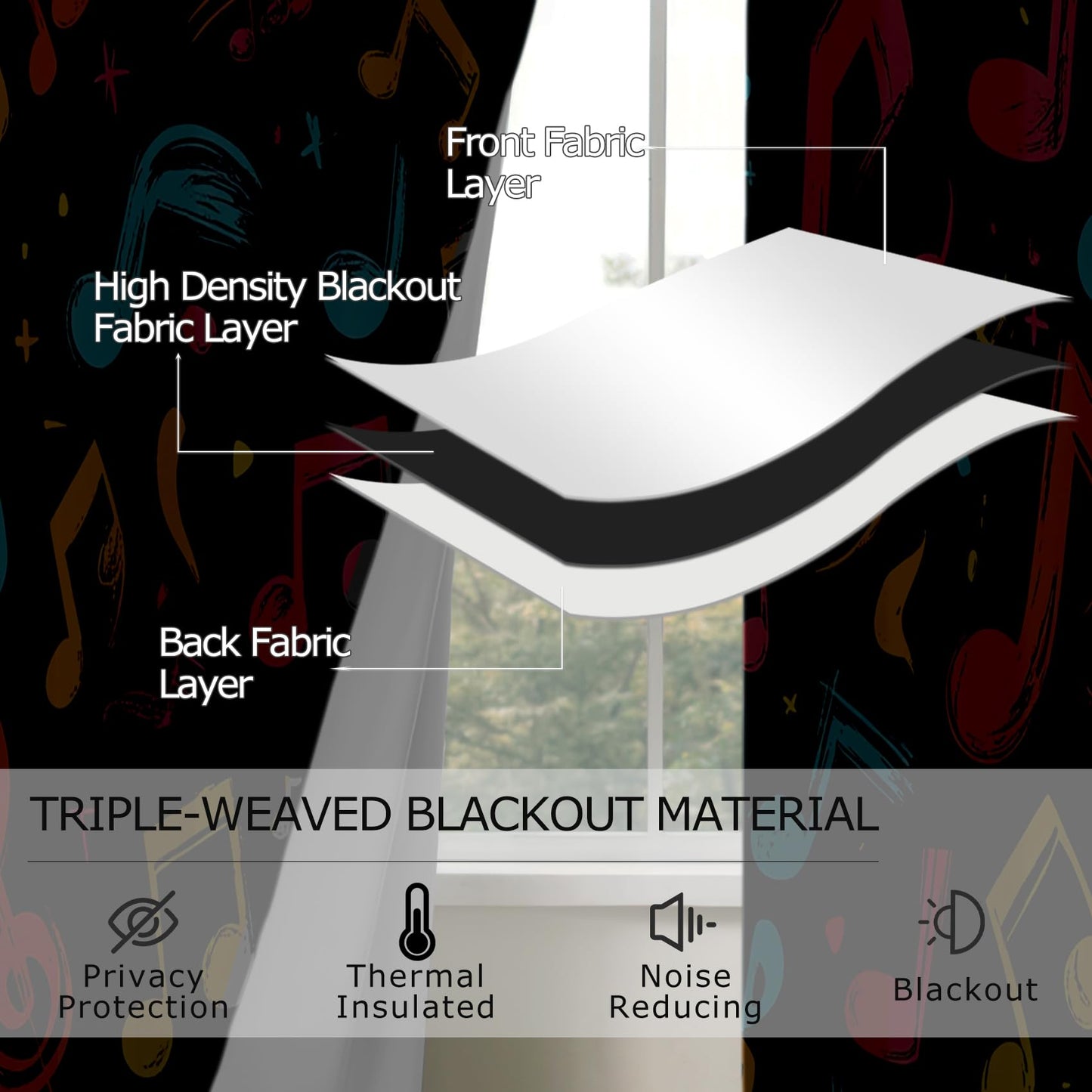 Music Curtains Blackout, Colorful Musical Note Patterned Curtains 63 Inch Length 2 Panels Set, Room Darkening Thermal Insulated Grommet Drapes for Bedroom Living Room