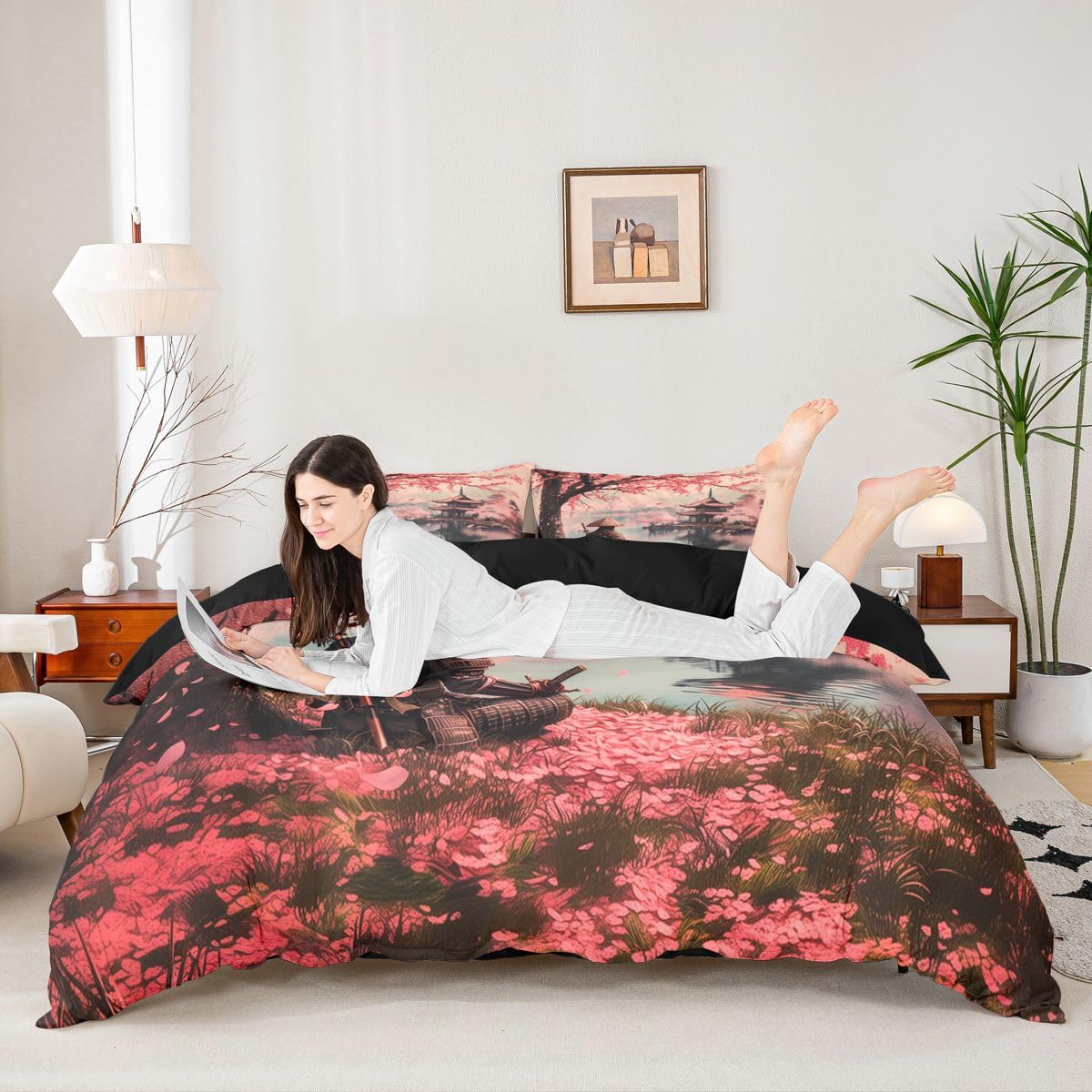 jejeloiu Samurai Duvet Cover Full Size Japan Style Comforter Cover for Boys Girls Cherry Blossoms Bedding Set 3Pcs Japanese Ukiyoe Room Decor