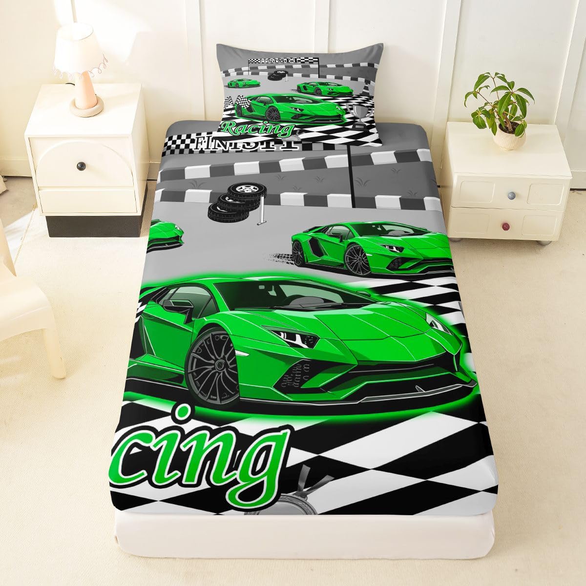 Feelyou Boys Race Car Fitted Sheet with 1 Pillowcase Twin Size Speed Sports Car Bed Sheets Set 16" Deep Pocket Boys Girls Racing Extreme Sports Bedding Teens Bedroom Decor Breathable Soft Lightweight