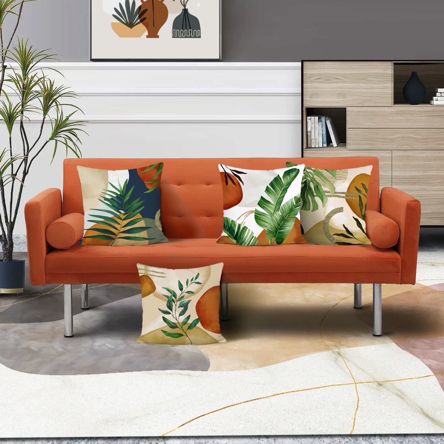 Bonhause Boho Abstract Tropical Leaves Pillow Covers 18x18 Set of 4 Mid Century Modern Decorative Pillows Case Soft Velvet Outdoor for Couch Sofa Bed Home Decor