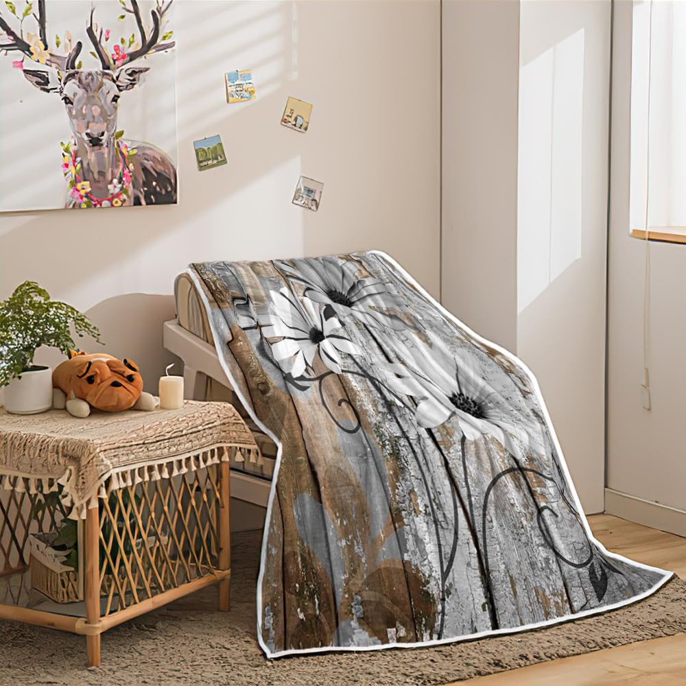 JAWO Farmhouse Flower Floral Throw Blanket, Rustic Grey Daisy Fleece Cozy Warm Bed Couch Blanket, Country Grey Brown Fleece Flannel Throws to Decorate The Room and Bedroom Warm Blanket 50X60IN