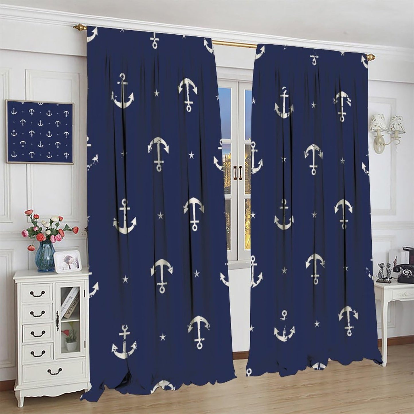 DKMQQUL Nautical Anchor Blackout Curtains, Ocean Beach Coastal Sailing Ship Boat Navy Blue Drapes for Bedroom Living Room Kitchen Window Treatment, 42x45 Inch