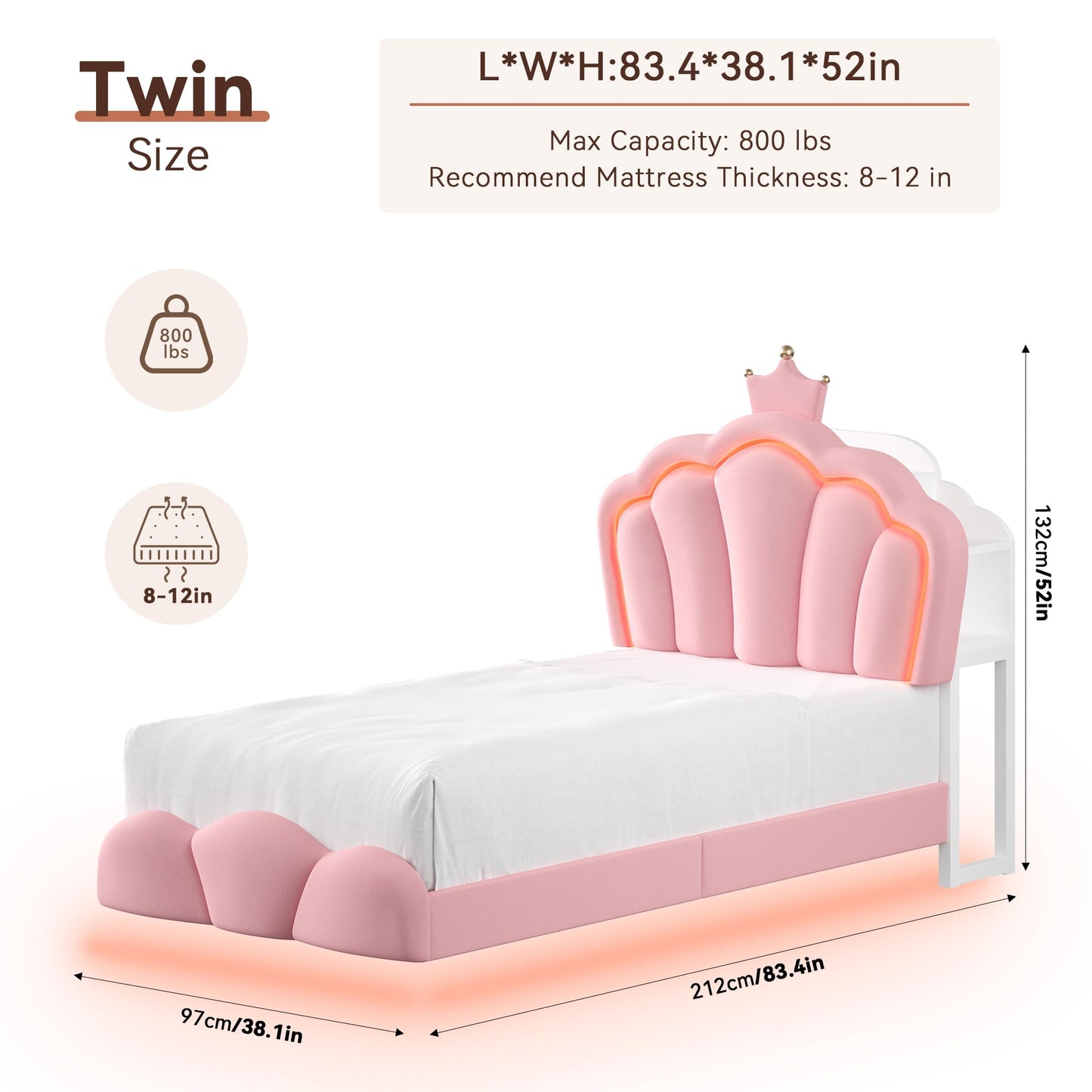 Keyluv Twin Floating Bed Frame with Led Lights & Charging Station, Princess Bed with Storage Bookcase Headboard, Velvet Upholstered Platform Bed with Cloud-Shaped Footboard for Girls, Noise free, Pink
