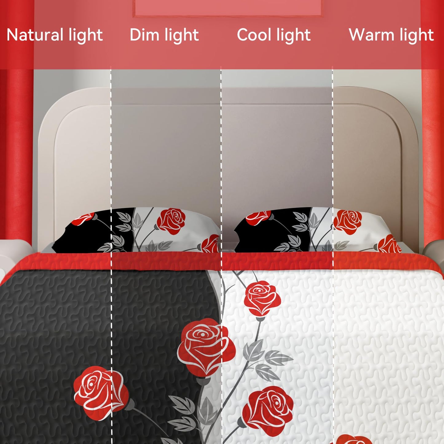 CozyCreatures Vintage Boho Red Rose King Light Comforter Set, 9-Piece Bed in a Bag with Curtains, Brushed Microfiber Bedspread Set with Matching Curtains for Master Bedroom, Machine Washable