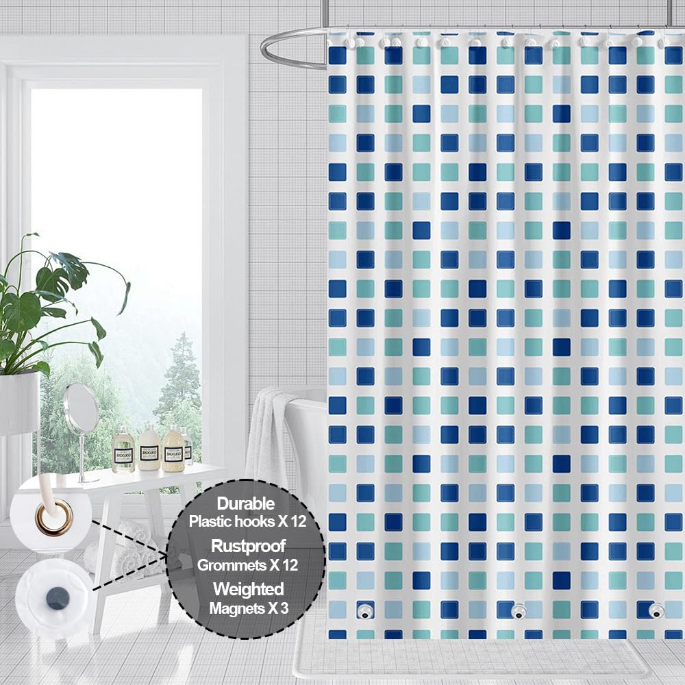 Myratts Plastic Shower Liner - Premium PEVA 4G Shower Curtain Liner with Rustproof Grommets and 3 Weighted Magnets, Waterproof Shower Curtains for Bathroom (Blue-Green Square)