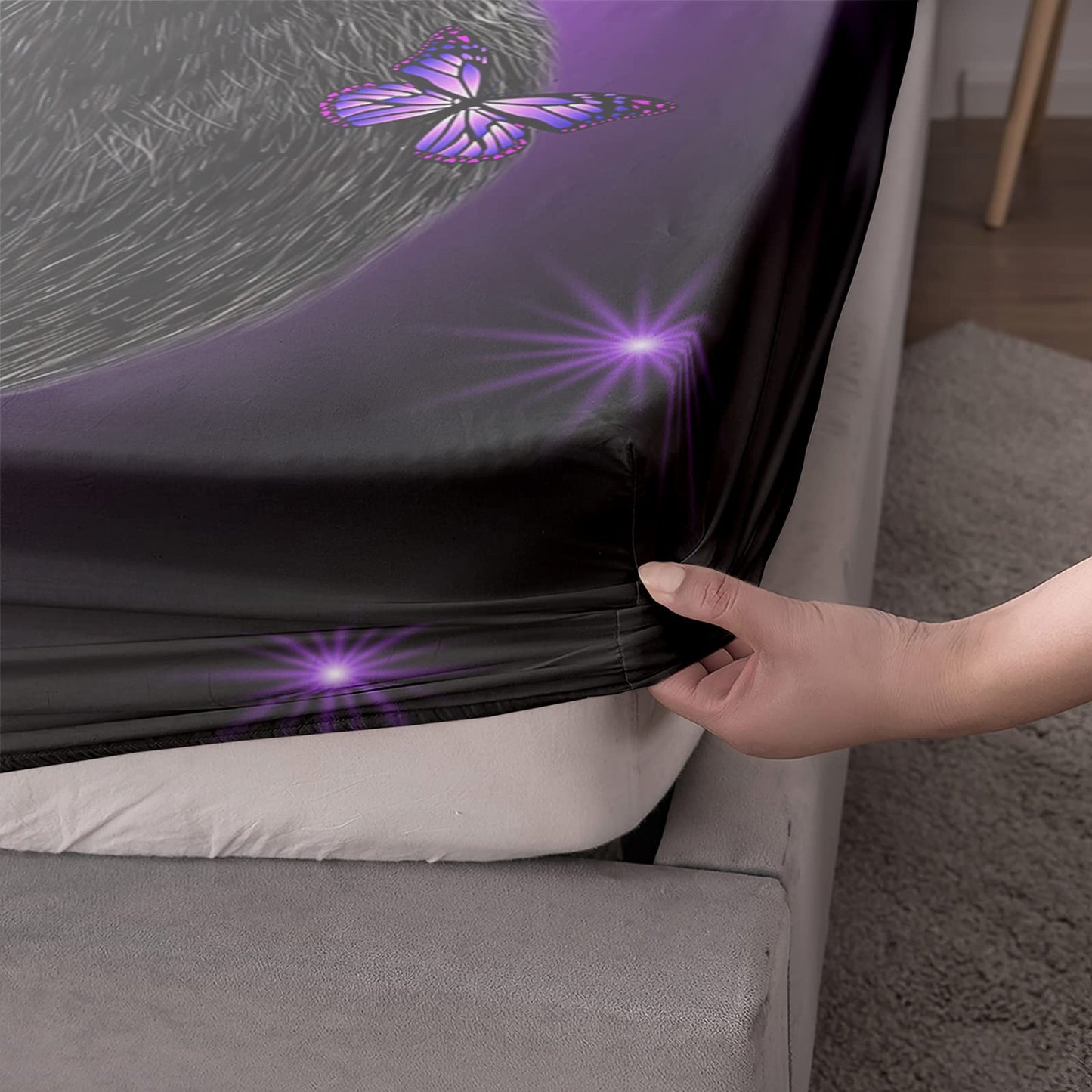Axolotl Black Cat Bedding Cartoon Cat Sheet Set Twin,Daisy Butterflies Printed Kids Bedding Set for Kids Boys Girls Adults Room Decor,Purple Sky Sheets Set,1 Fitted Sheet 1 Flat Sheet 2 Pillowcases