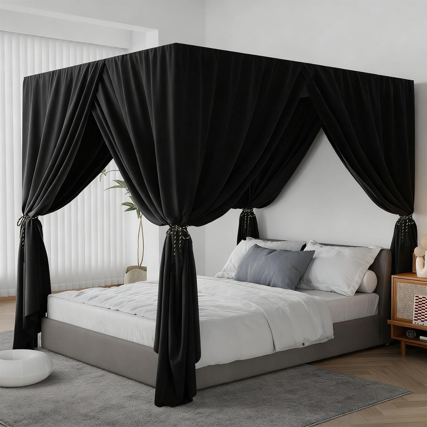 YRDKB Black Canopy Bed Curtains - 4 Corner Post Bed Curtains King Lightproof Siamesed Drapes Bed Canopy for Adults & Girls Bedroom Decoration(Black,King)