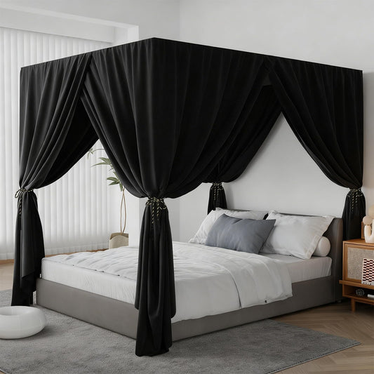 YRDKB Black Canopy Bed Curtains - 4 Corner Post Bed Curtains King Lightproof Siamesed Drapes Bed Canopy for Adults & Girls Bedroom Decoration(Black,King)
