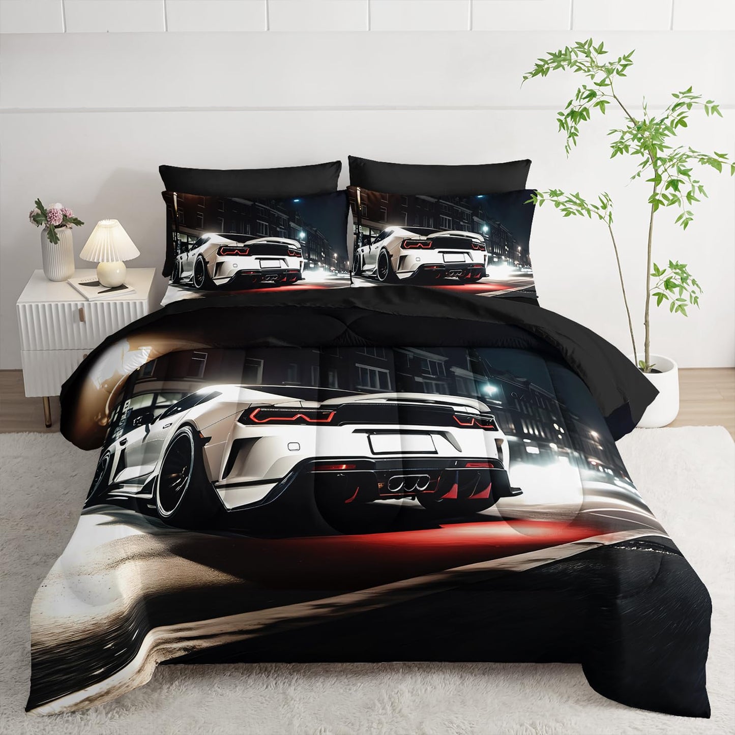 Nttopship Sports Car Comforter Set Full Size 7PCS, White Racing Car Bedding Set 7 Piece in A Bag, Bed Sheet Set White Racing Car Decor, Microfiber Lightweight All Season