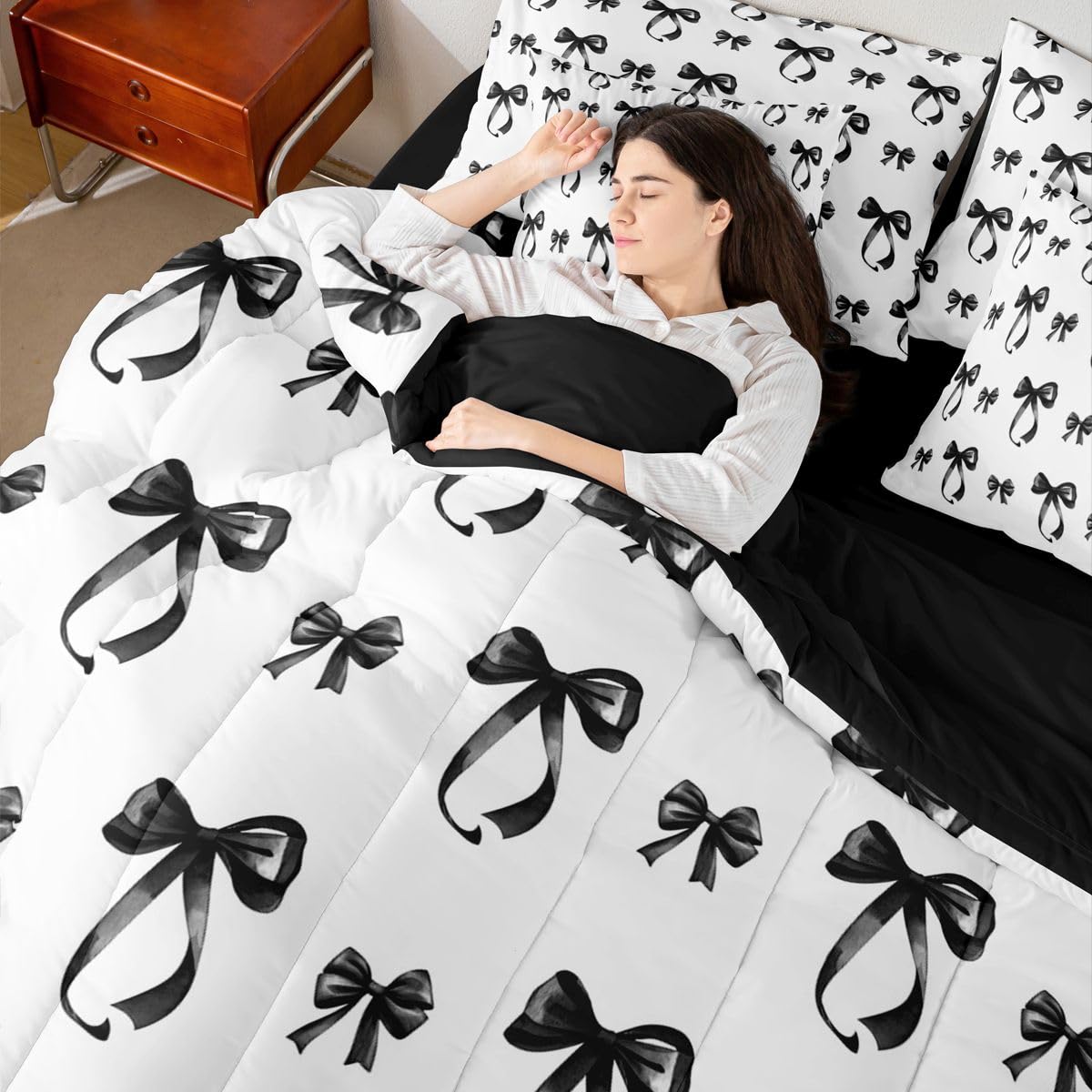 Erosebridal Bow 7 Pcs Bedding Set Full Black Bow Tie Comforter Set with Sheets Bowknot Bed in A Bag Black White Simple Decor Bedroom Decor