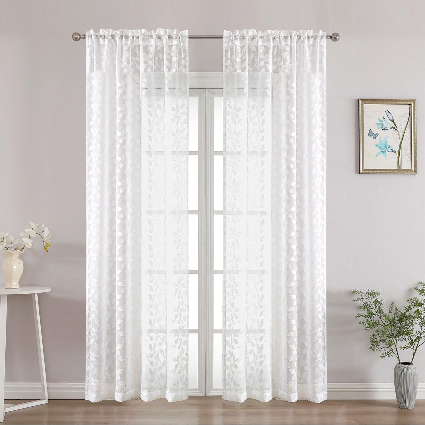 Chyhomenyc White Sheer Curtains 84 Inch Length 2 Panels Set, Light Filtering Tufted Textured Soft Airy Rod Pocket Gentle Leaf Window Treatment Drapes for Bedroom Living Room, 42" Wx84 L, 2PCS
