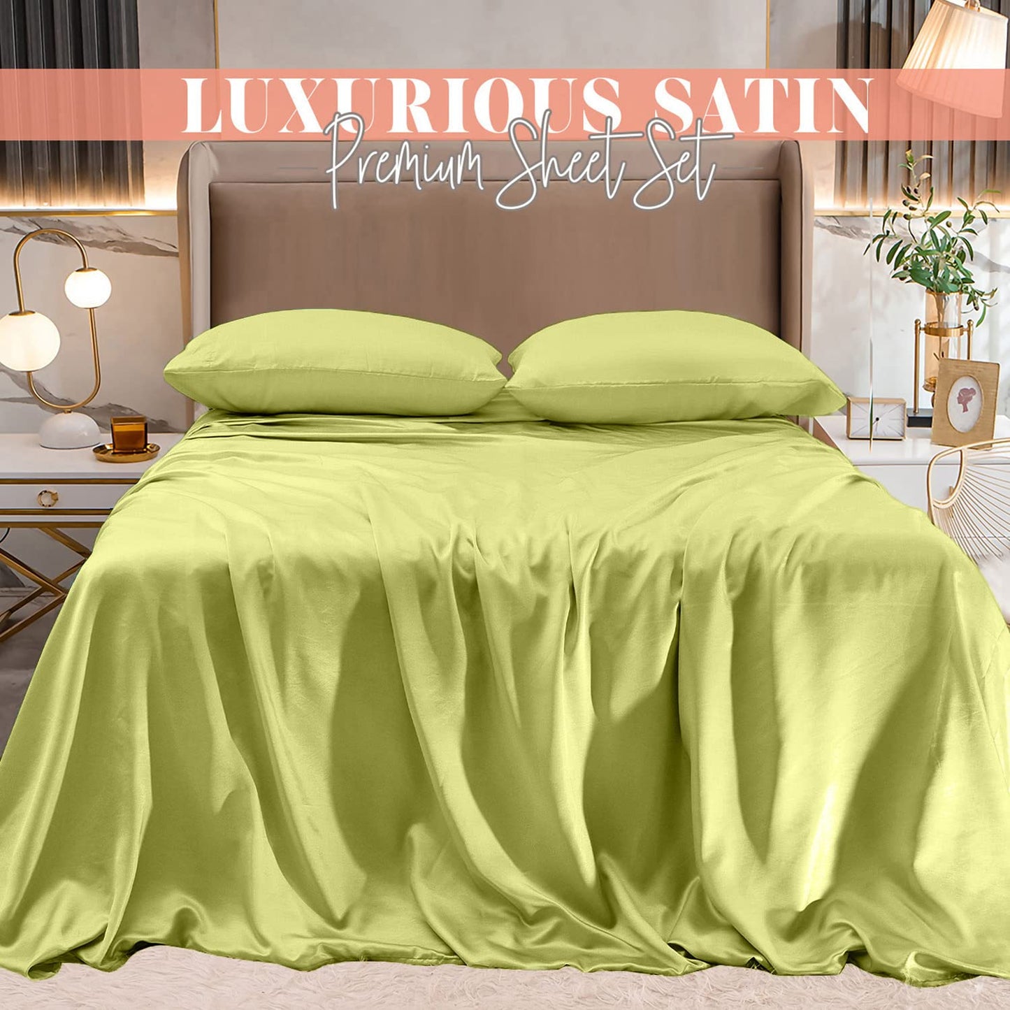 Elegant Comfort Luxurious 4-Piece Silky Satin Sheet Set, Skin and Hair Friendly, Wrinkle, Fade, Stain Resistant with Deep Pockets Fitted Sheet, Cooling Soft Satin Sheets, Twin XL, Pistachio Green