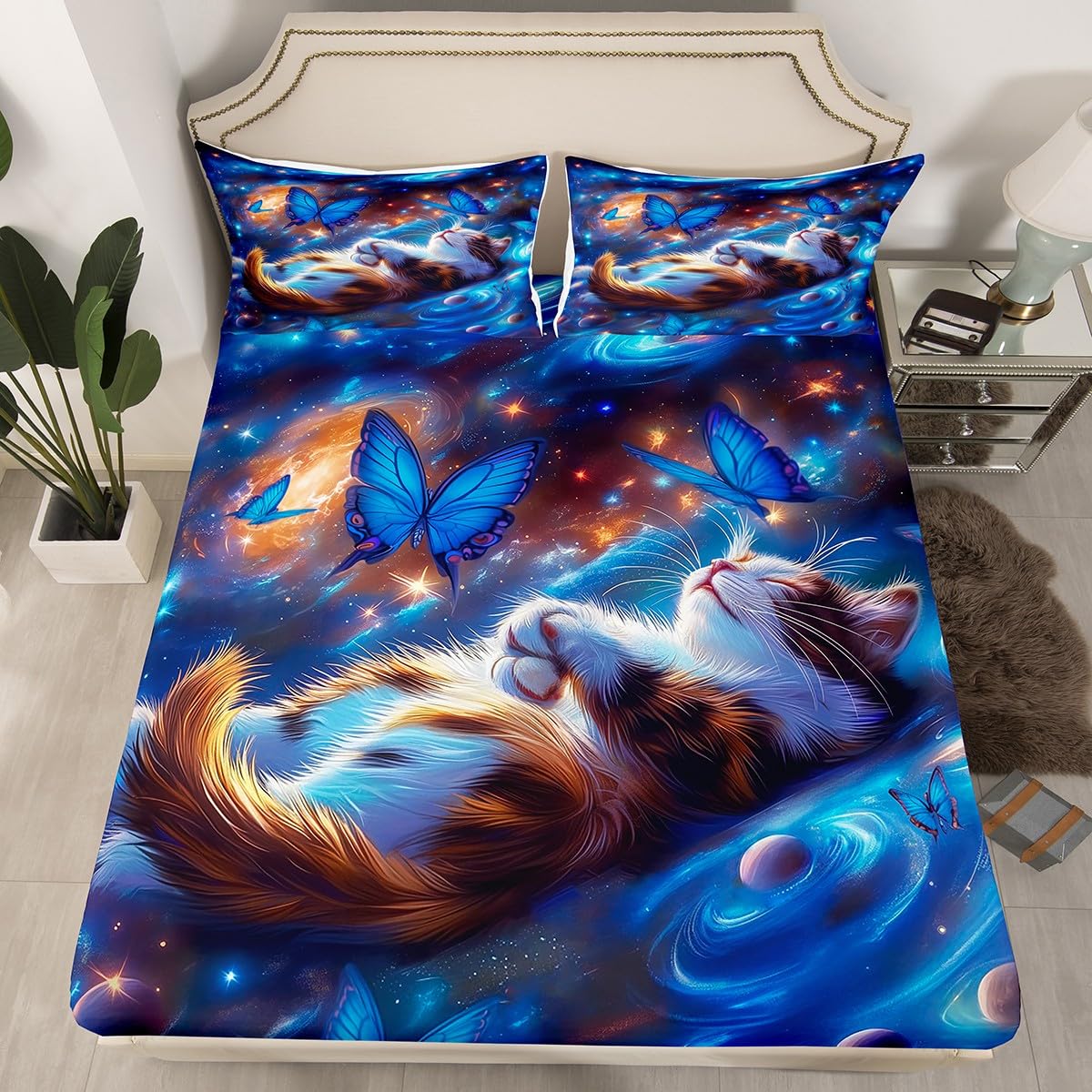Kawaii Cat Kids Fitted Sheet Full Size,Planets Starry Sky Galaxy Bedding Set,Boys Girls Room Decor,Cartoon Butterfly Animal Rustic Farmhouse Bed Cover,Blue Bed Sheet,2 Pillowcases