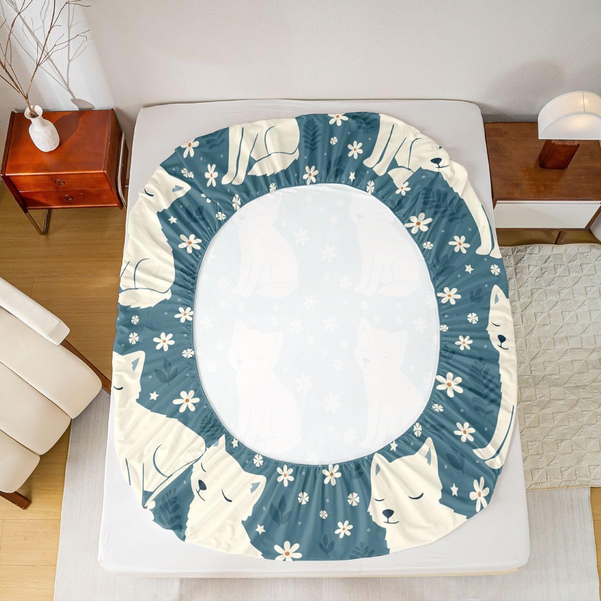 Castle Fairy White Fox Fitted Sheet Queen Size (No Flat),Beauty Floral Bedding Sets 3Pcs,Girls Boys Adult Room Decor,Wildlife Bed Cover Casual Rustic Deep Pocket Sheet,2 Pillowcases