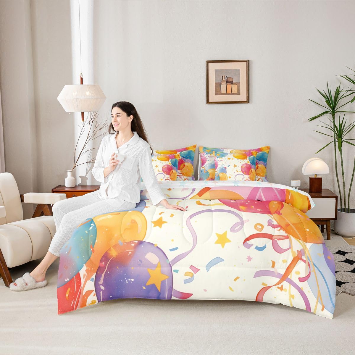 Erosebridal Colorful Balloon 7 Piece Bedding Set Queen Star Pattern Comforter Set with Sheets Birthday Theme Bed in A Bag Rainbow Bed Sets with 2 Pillowcases, 2 Throw Pillow Covers