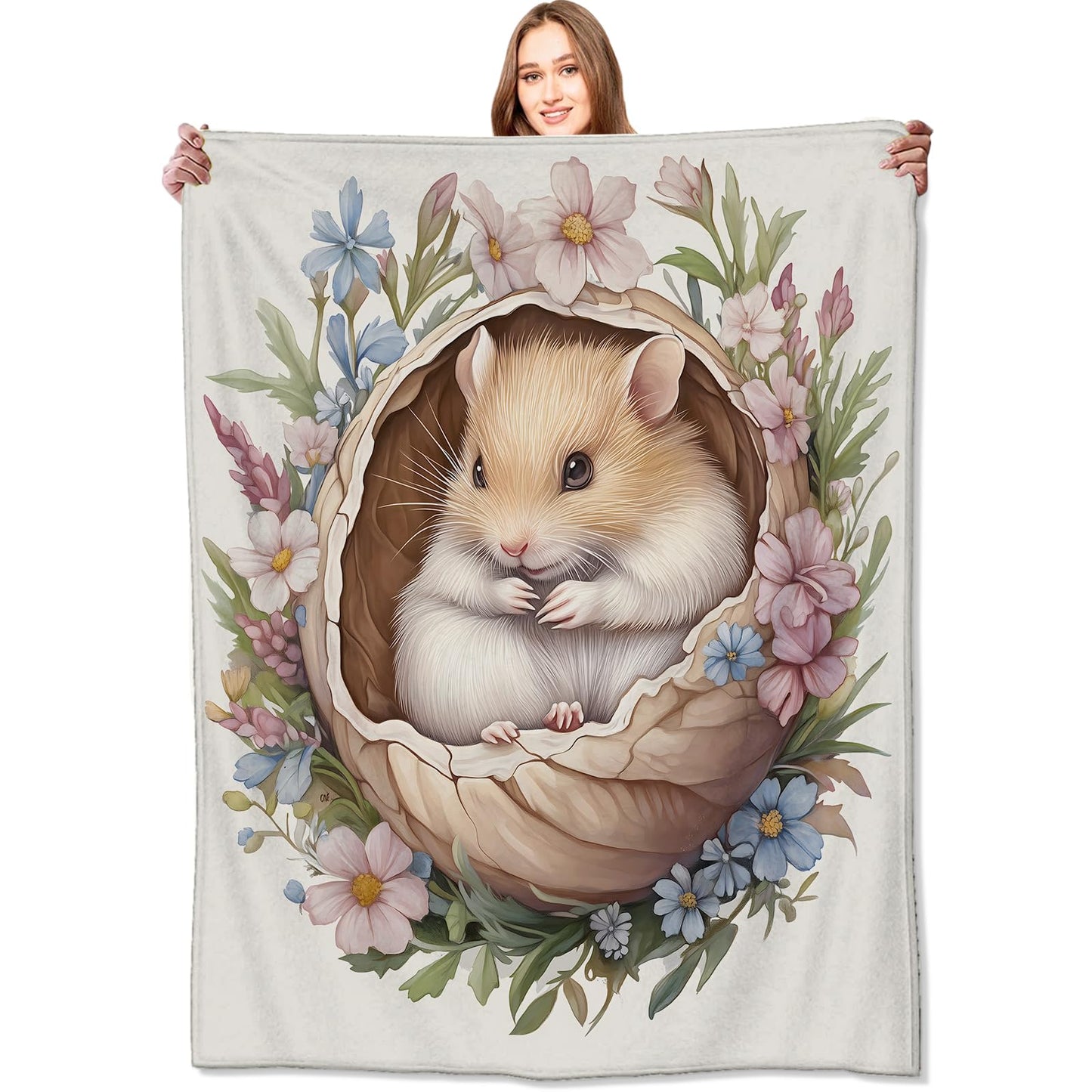 VODRM Hamster Blanket,50x60in,Cute Animal in Floral Nest Pastel Flower Throw Blankets,Gifts for Kids Girls Women, Lightweight Soft Fleece Cozy,for Sofa Couch Bed Room Travel Modern Decor