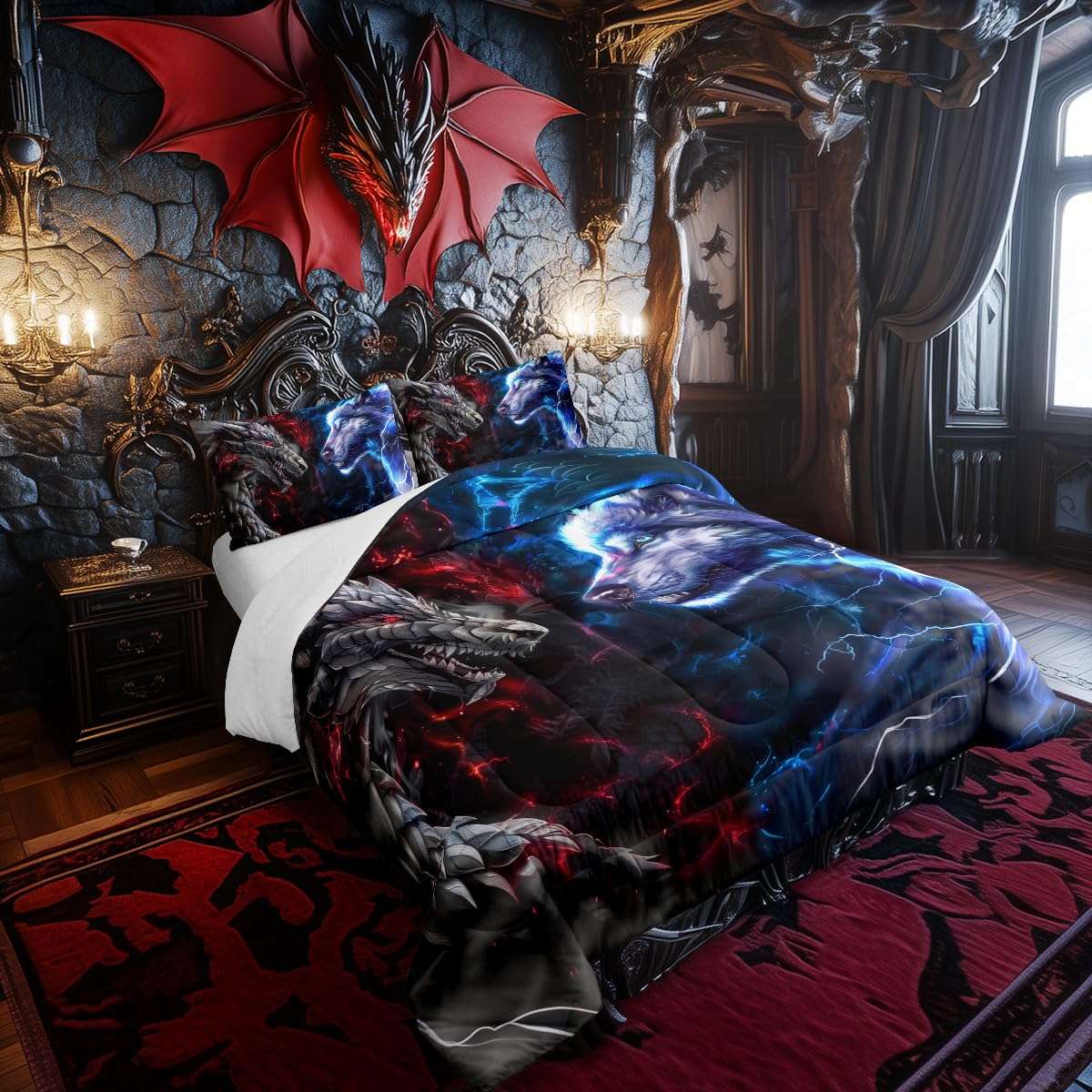 Manfei 3D Dragon Kids Comforter Set Twin Size,Western Dragon Wild Wolf Jungle Animal Hunting Bedding Set,Boys Men Room Decor,Red Blue Lightning Down Comforter,Blue Grey Duvet Insert,1 Pillowcase