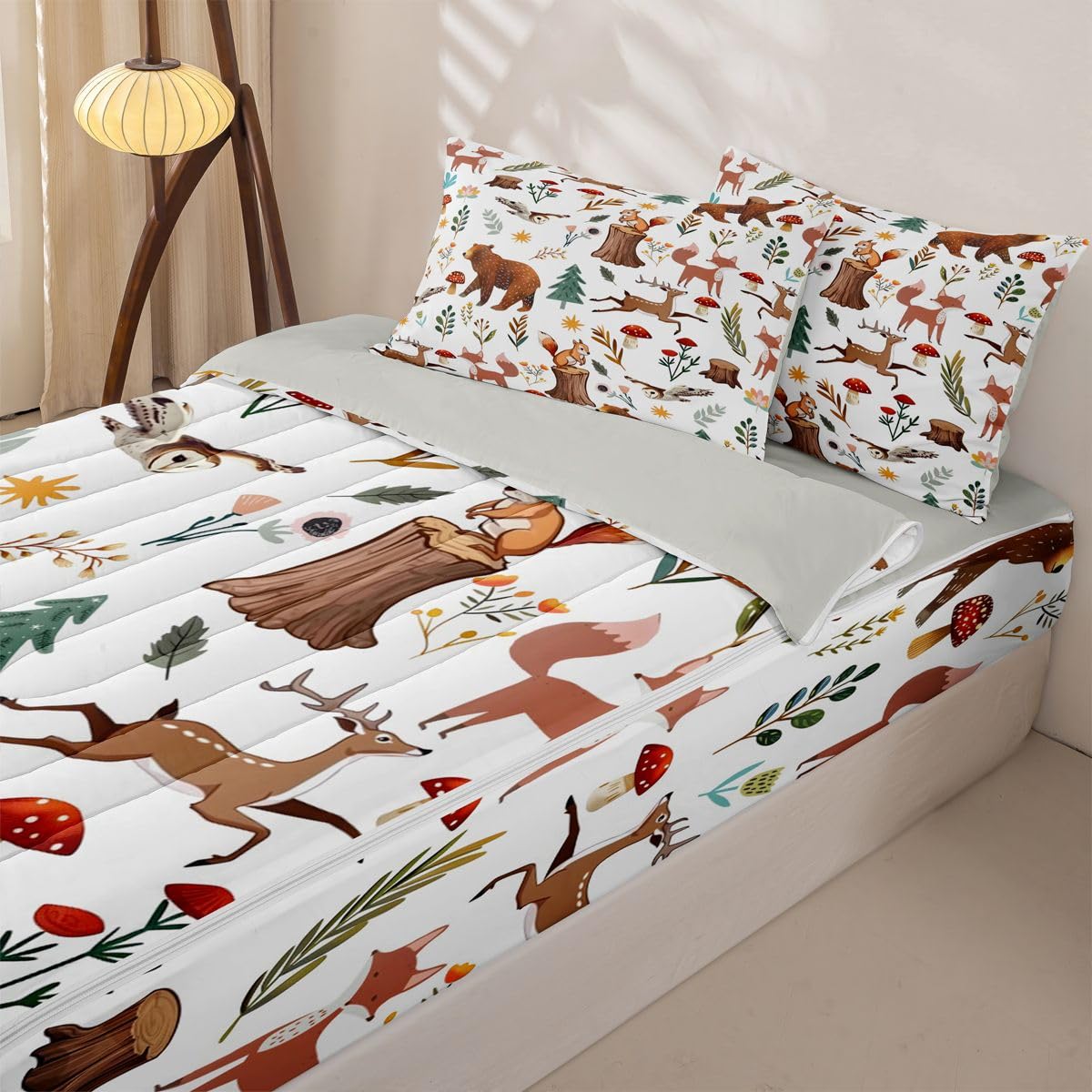 Erosebridal Woodland Animal Zip Up Comforter Set Bear Deer Forest Theme Twin Zipper Bedding Wildlife Hunting Theme Bed Set with Sheets Farmhouse Cabin Wildflower Mushroom Bed in a Bag Bedroom Decor
