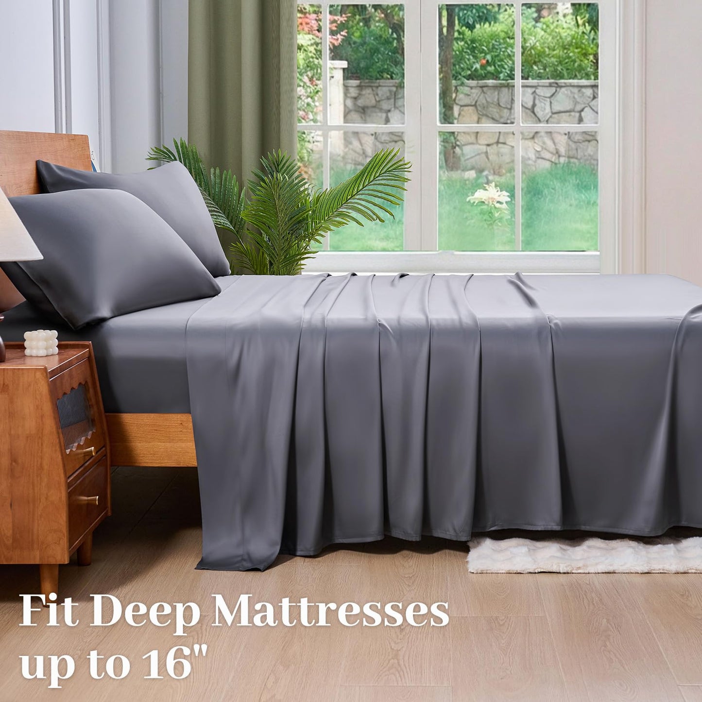 YIYEA 100% Viscose Derived from Bamboo Sheets, 600 Thread Count Cooling Bed Sheet Set for Hot Sleepers, Silky Soft, Breathable, 16" Deep Pocket, 4PC, King, Dark Gray