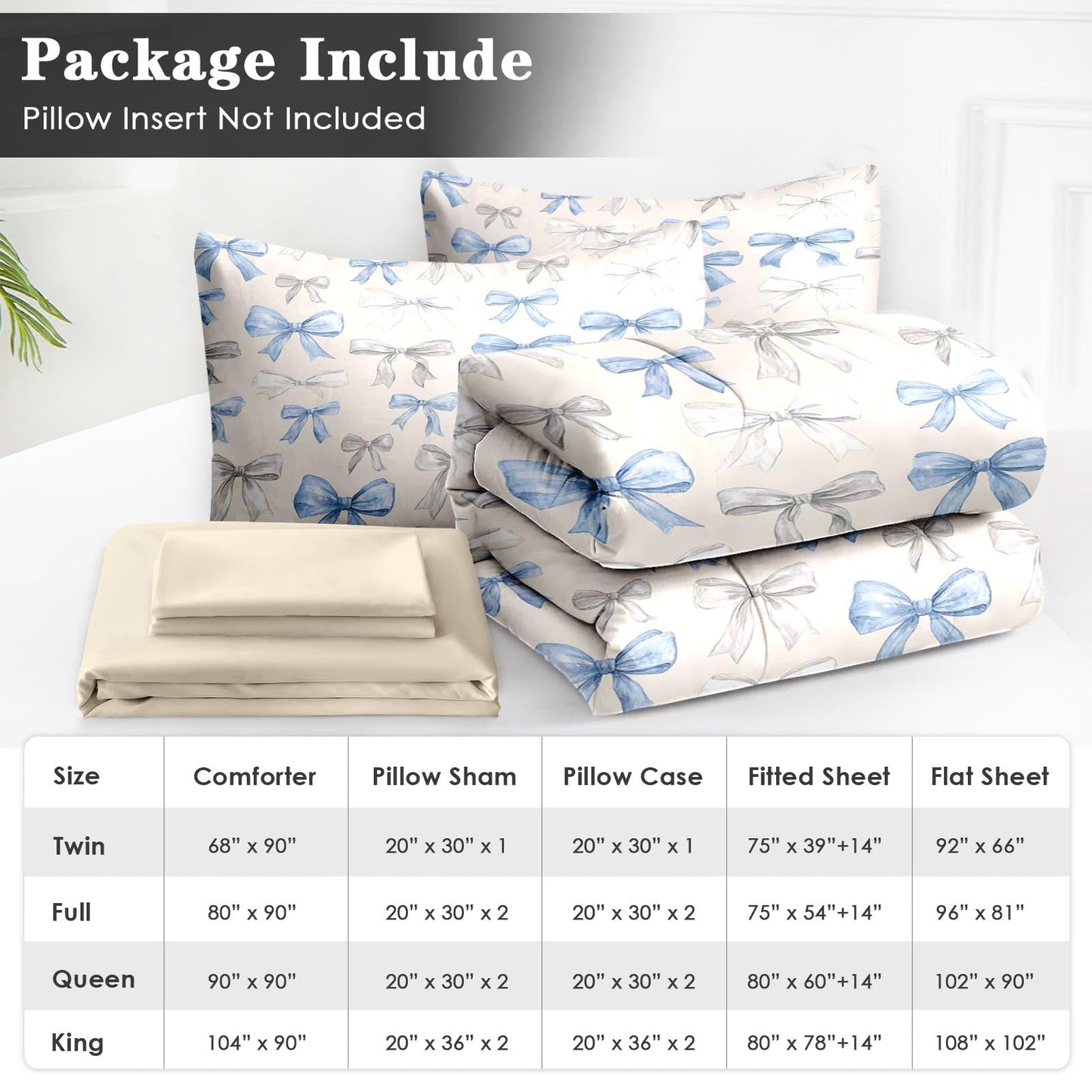 WeCozy 5 Pcs Twin Size Comforter Set with Pillowcase & Sham, Bow Coquette Blue Bedding Set for Kids and Adults, Preppy Girly Bed in a Bag with Flat Sheet and Fitted Sheet