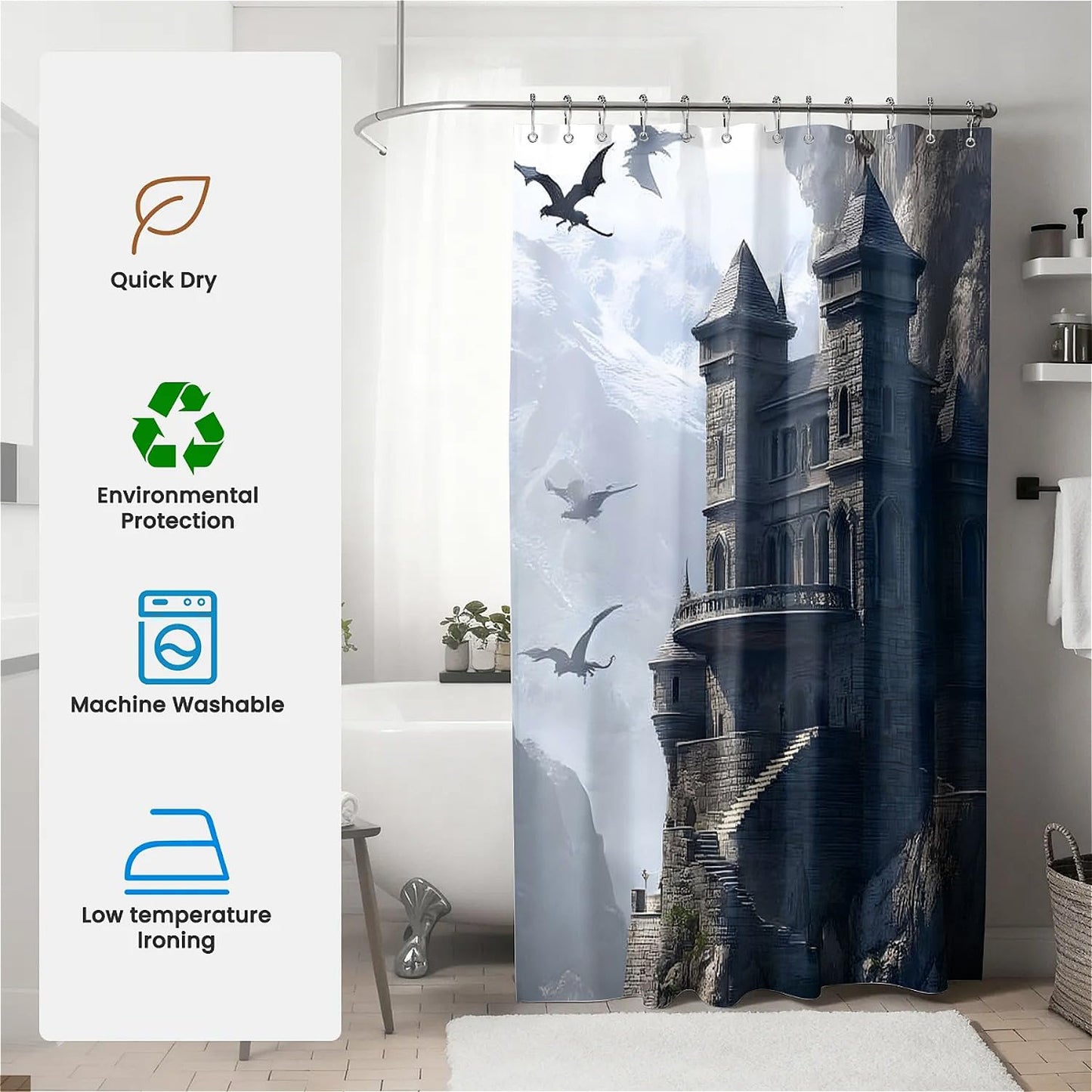 TANGXUNFA Pterosaur Castle Shower Curtain for Bathroom, Water-Resistant Long Shower Curtain Set 72x72 Inch with Metal Grommets and 12 Metal Hooks