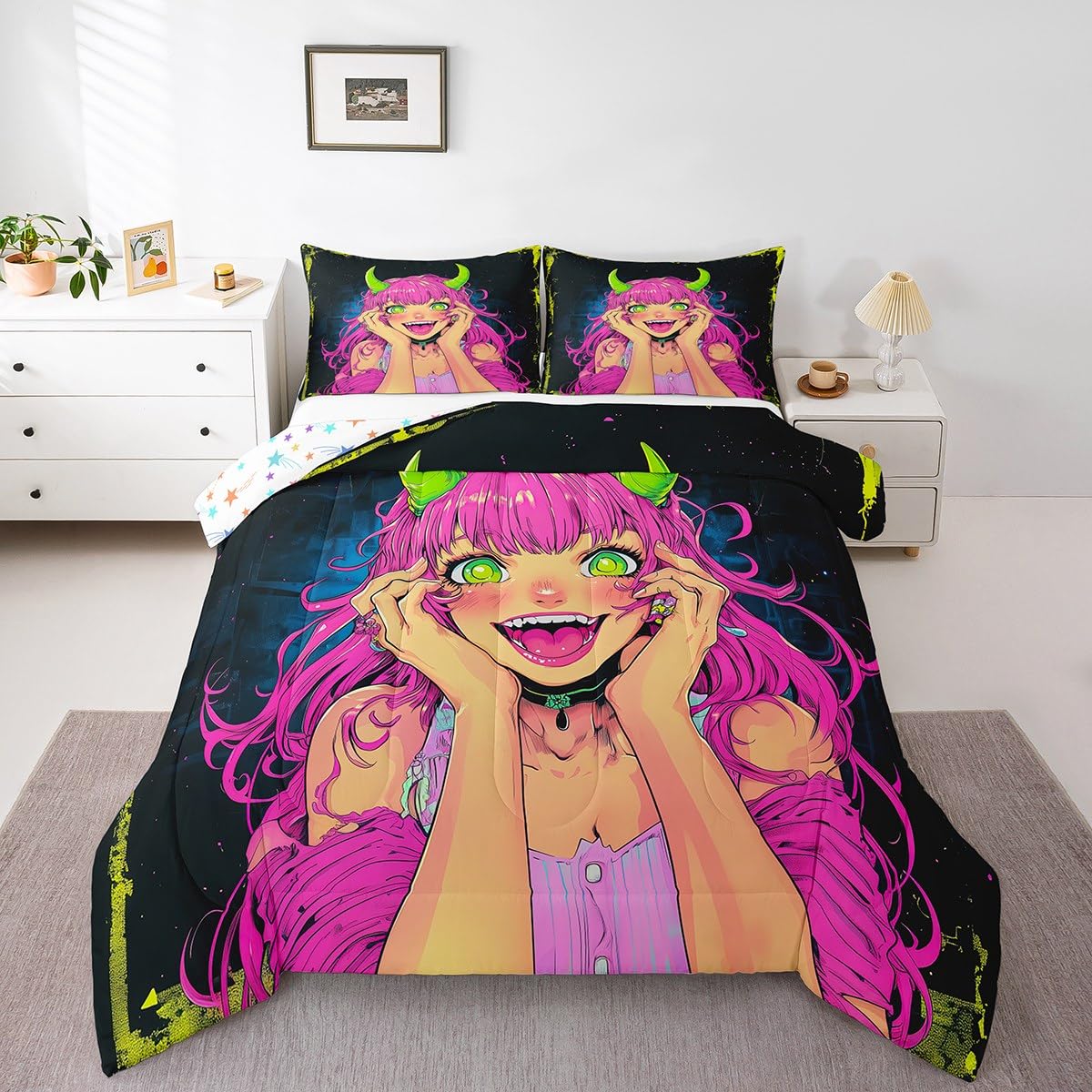 Erosebridal Anime Girl Comforter Set Full Size, Japanese Anime Bedding Set for Kids Boys Teens Bedroom Decor, Cartoon Girl Quilt Kawaii Japanese Animation Duvet Insert with 2 Pillow Cases